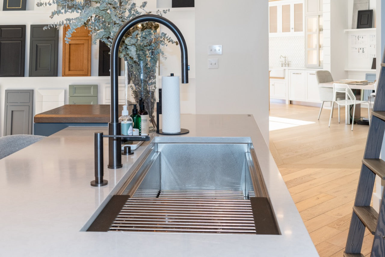 Modern Matte Gray Kitchen with Rift Cut White Oak Island and Wolf & Sub-Zero Appliances