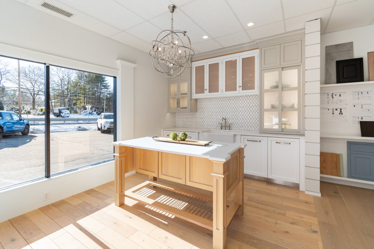 Plain & Fancy Transitional White Kitchen Cabinets with Oak Island and Farmhouse Sink