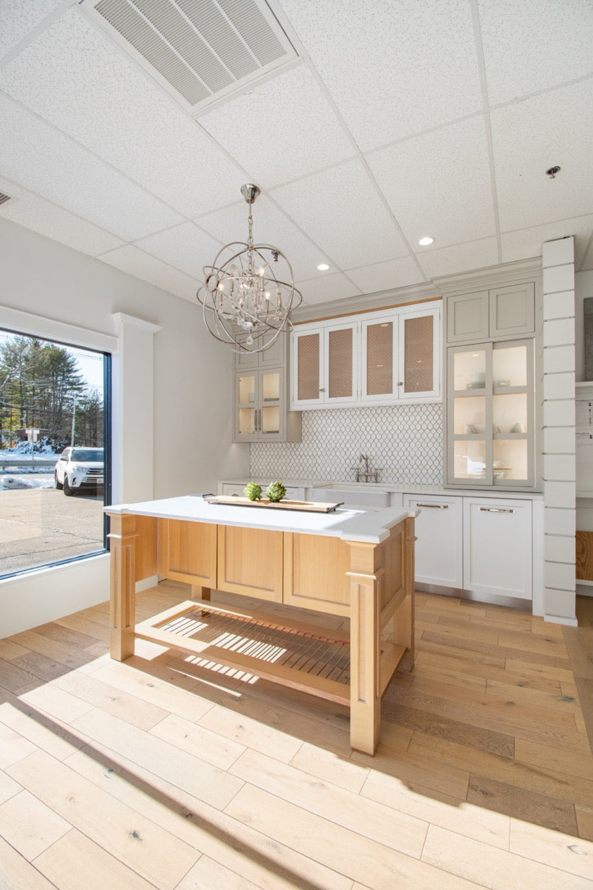 Plain & Fancy Transitional White Kitchen Cabinets with Oak Island and Farmhouse Sink