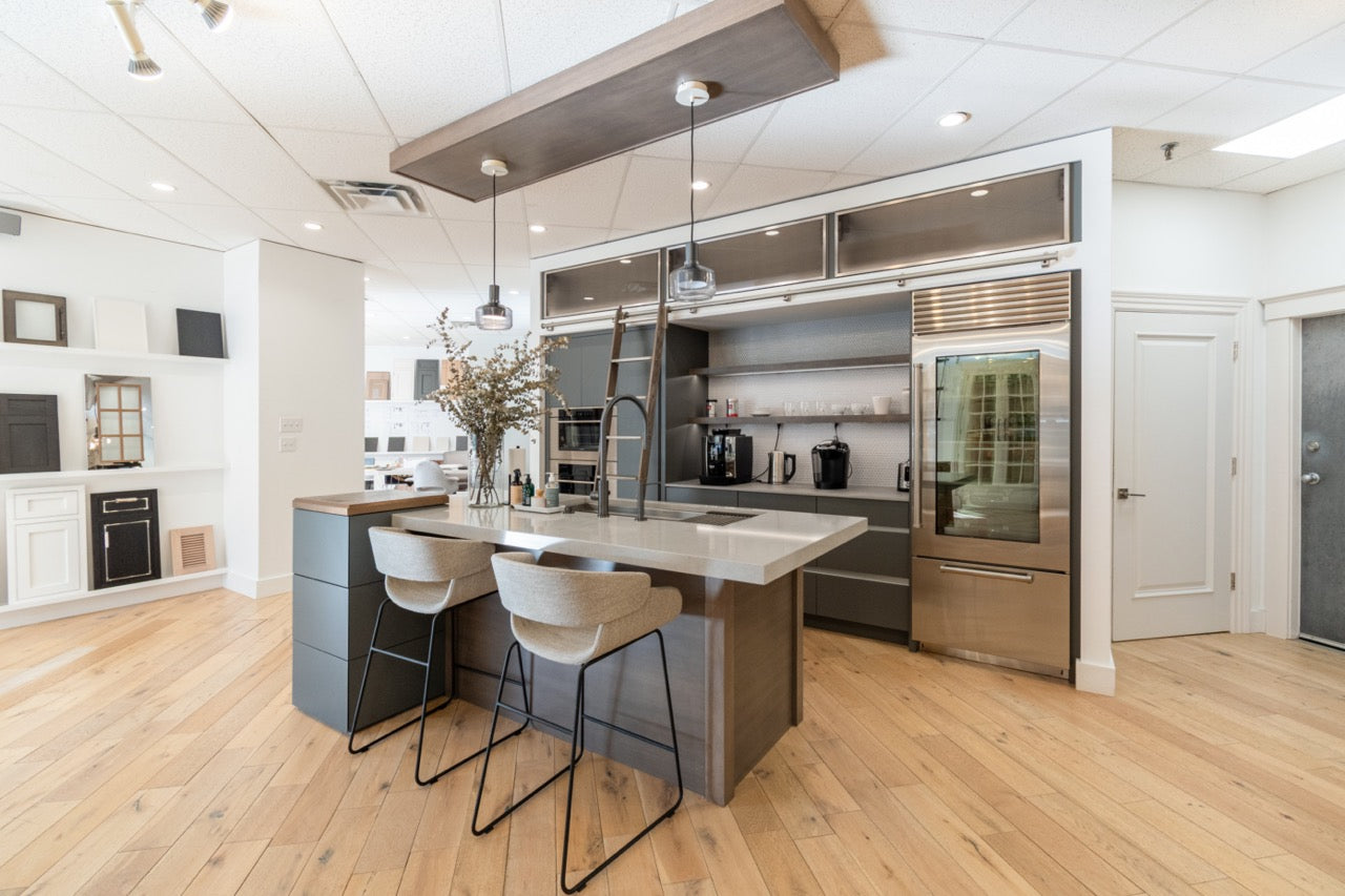 Modern Matte Gray Kitchen with Rift Cut White Oak Island and Wolf & Sub-Zero Appliances