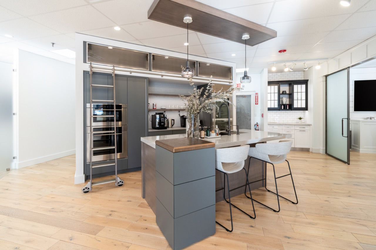 Modern Matte Gray Kitchen with Rift Cut White Oak Island and Wolf & Sub-Zero Appliances