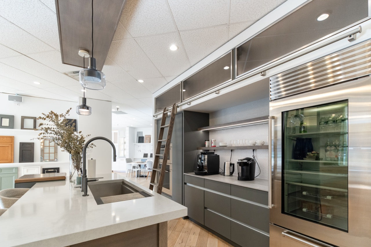 Modern Matte Gray Kitchen with Rift Cut White Oak Island and Wolf & Sub-Zero Appliances