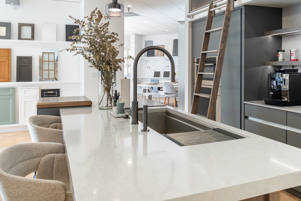Modern Matte Gray Kitchen with Rift Cut White Oak Island and Wolf & Sub-Zero Appliances