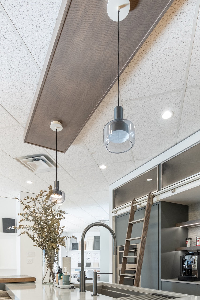 Modern Matte Gray Kitchen with Rift Cut White Oak Island and Wolf & Sub-Zero Appliances