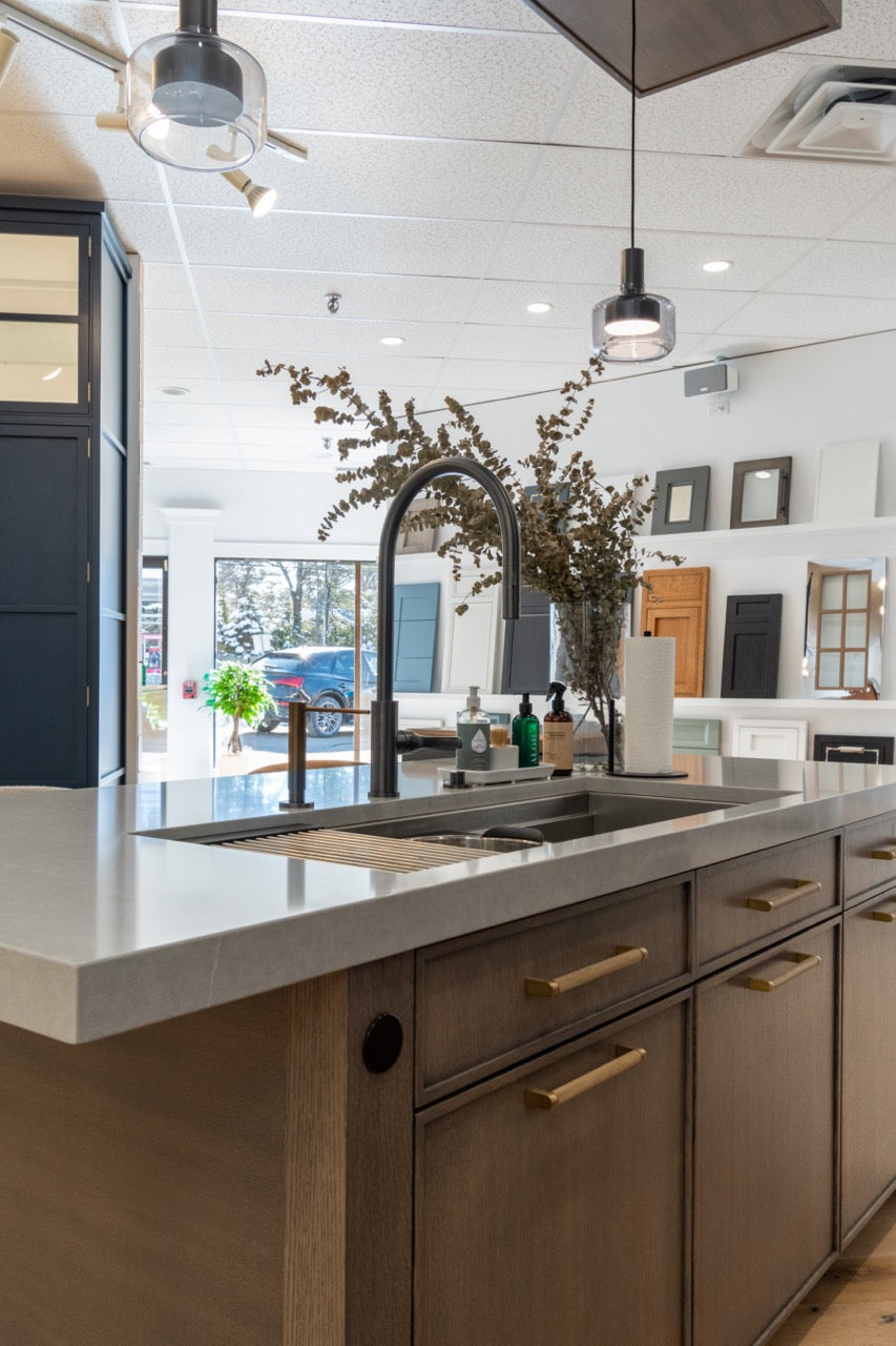 Modern Matte Gray Kitchen with Rift Cut White Oak Island and Wolf & Sub-Zero Appliances