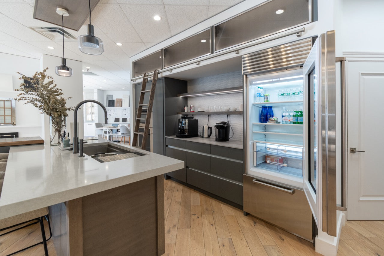 Modern Matte Gray Kitchen with Rift Cut White Oak Island and Wolf & Sub-Zero Appliances