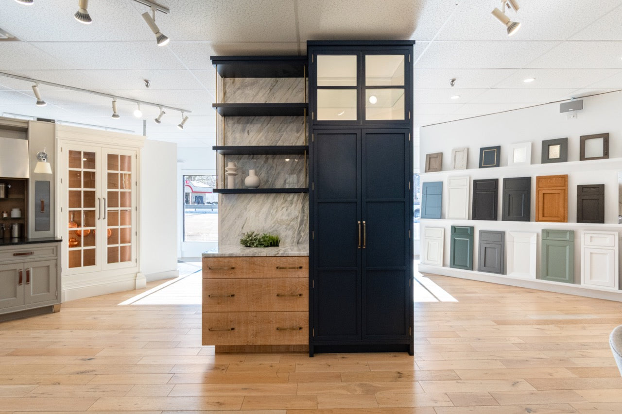 Dutch Made Transitional Navy and Wood Veneer Pantry Wall with Open Shelving