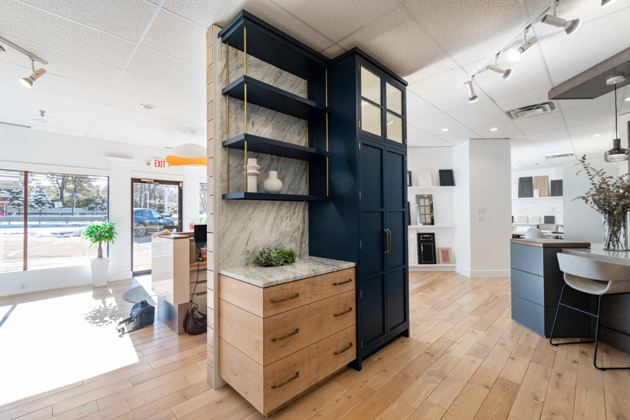 Dutch Made Transitional Navy and Wood Veneer Pantry Wall with Open Shelving
