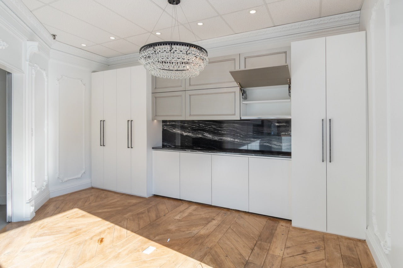 Plain & Fancy Transitional White Showroom Display Butler's Pantry Wall