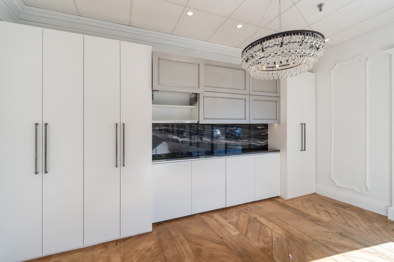 Plain & Fancy Transitional White Showroom Display Butler's Pantry Wall