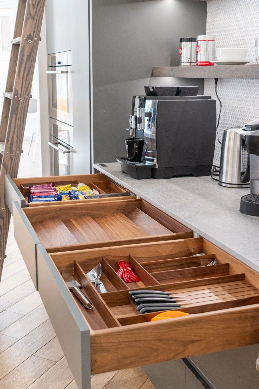 Modern Matte Gray Kitchen with Rift Cut White Oak Island and Wolf & Sub-Zero Appliances