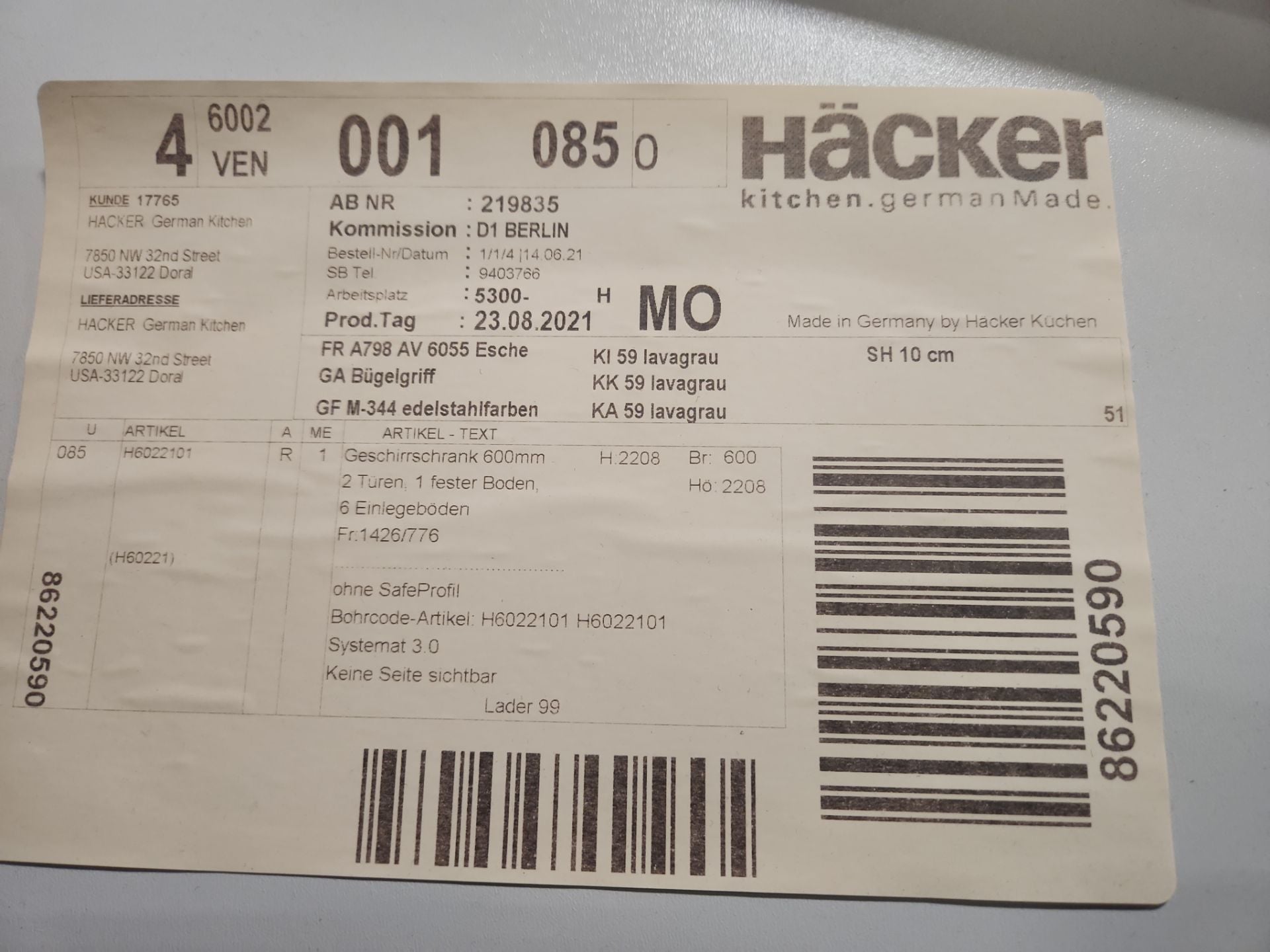 Häcker Velvet Blue & Light Grey Transitional Kitchen with Island and Stone Countertops