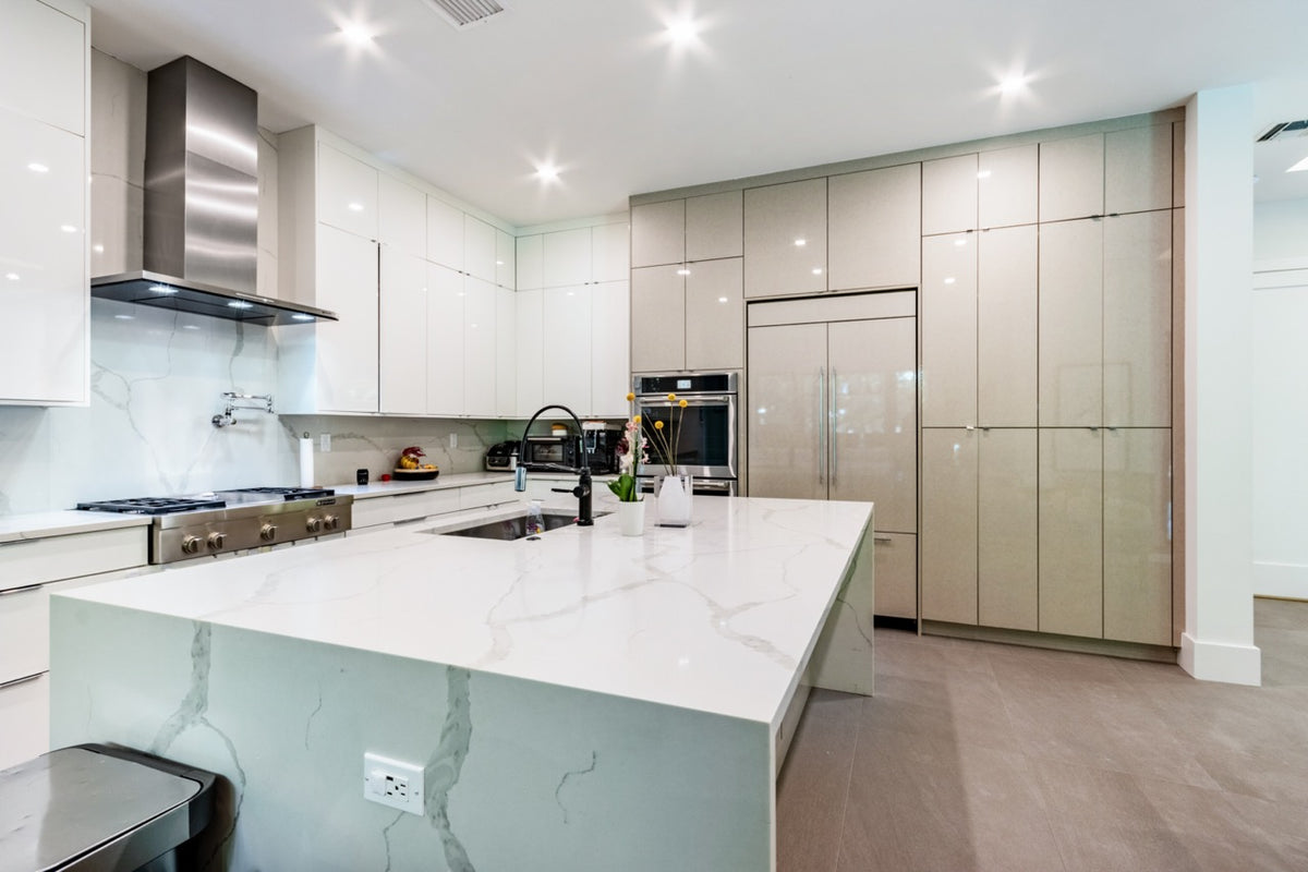 The Ashworth modern two tone kitchen display with JennAir appliances