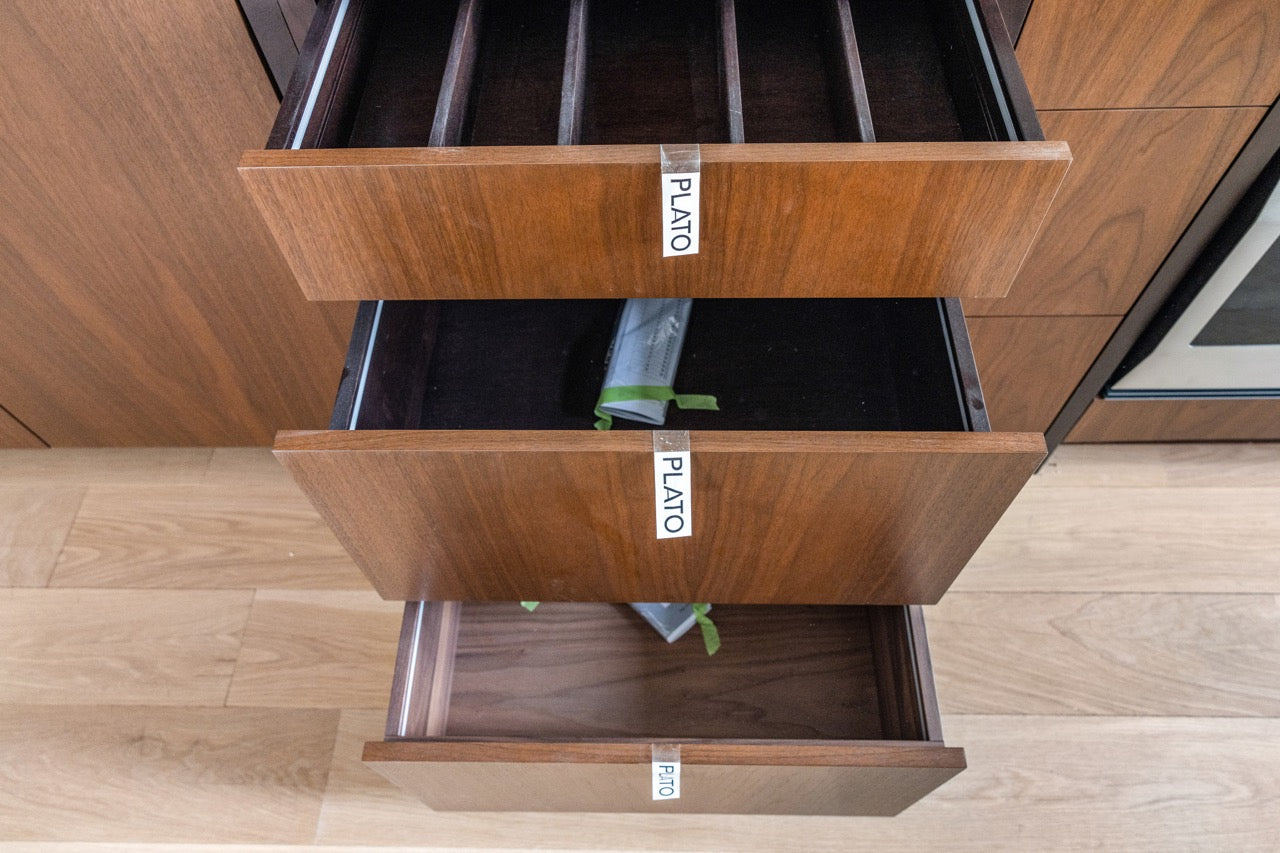 Plato Natural Walnut & Espresso Modern Kitchen with Gaggenau Appliances