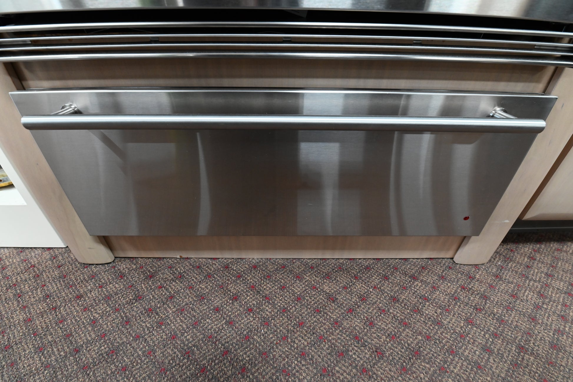 Luxury 30 inch warming drawer fully open showing large 1.9 cu ft capacity and stainless steel half rack