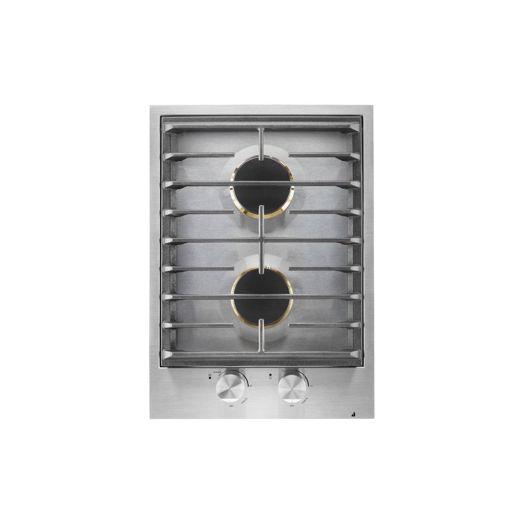 JennAir JGC3215GS 15 inch custom gas cooktop front view stainless steel 2 burners