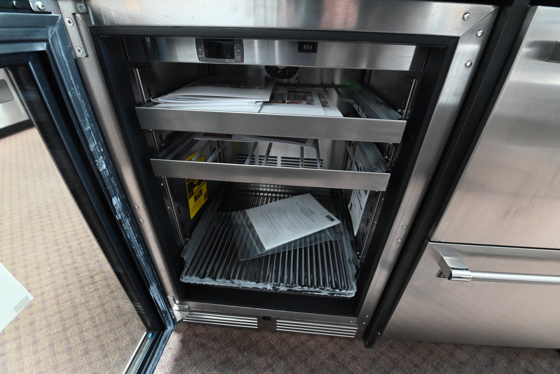 Stainless steel glass door beverage cooler with wine racks and digital control
