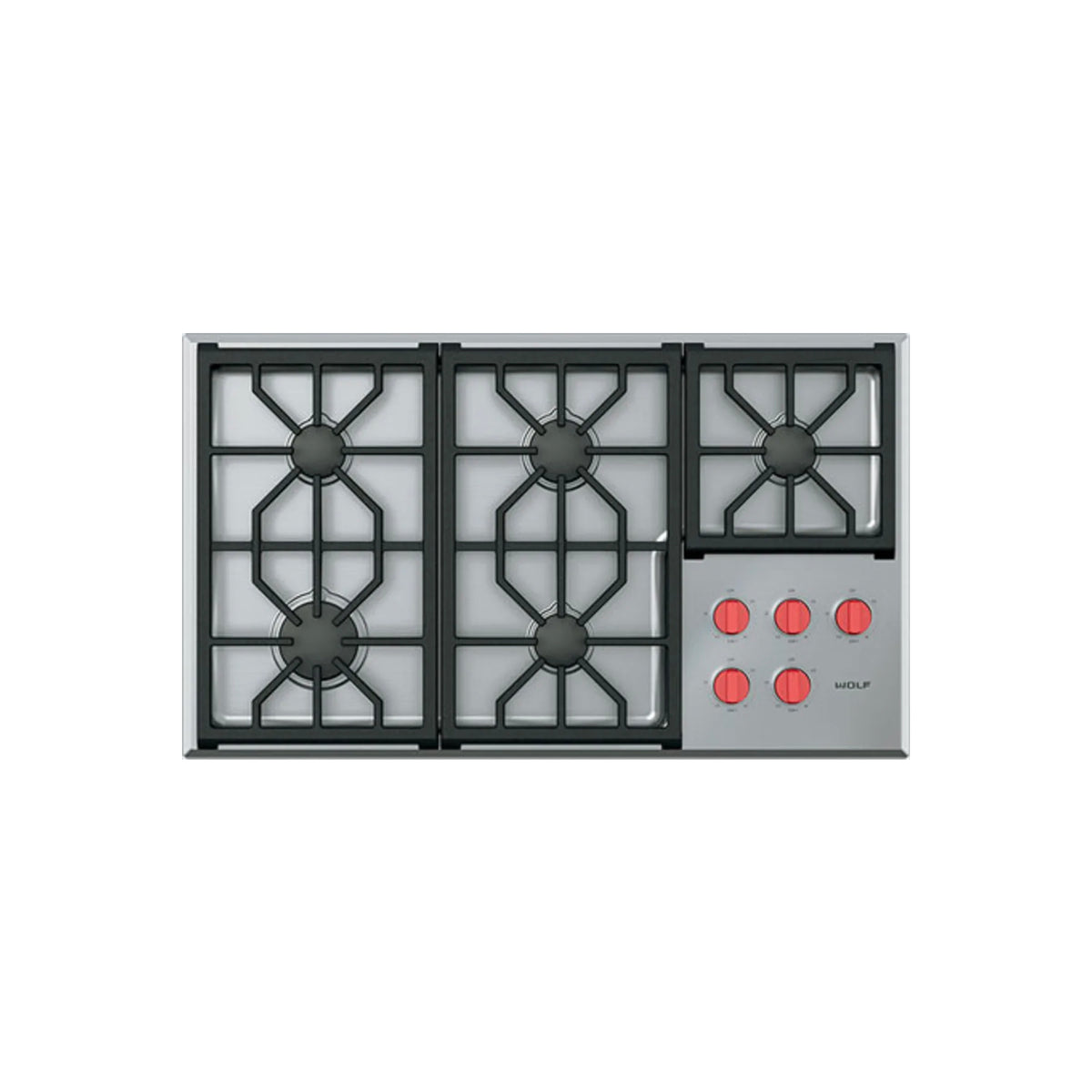 Wolf CG365P S 36 inch professional gas cooktop front top view with red knobs