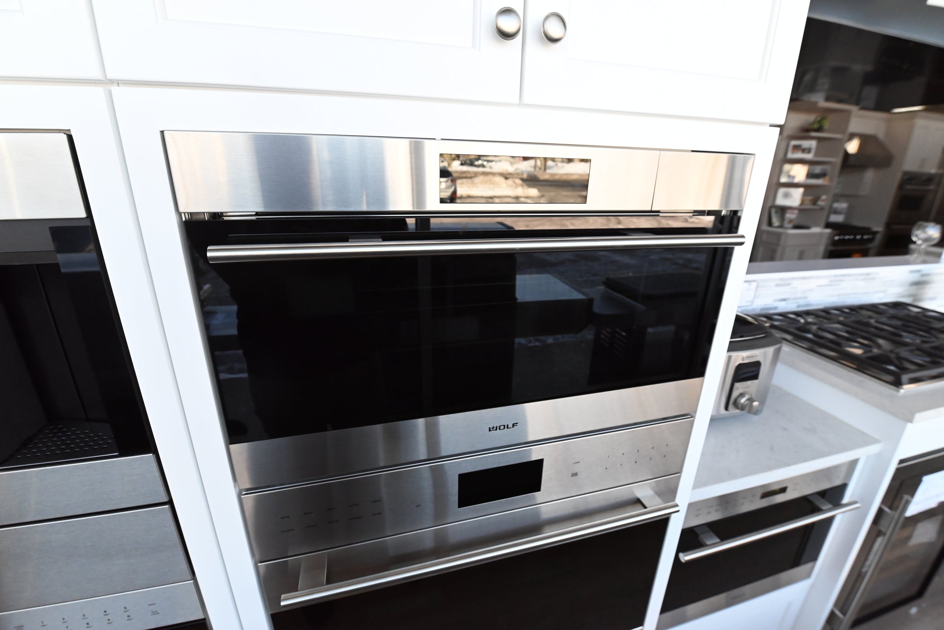 Wolf CSO30TE S TH 30 inch transitional convection steam wall oven front view with tubular handle