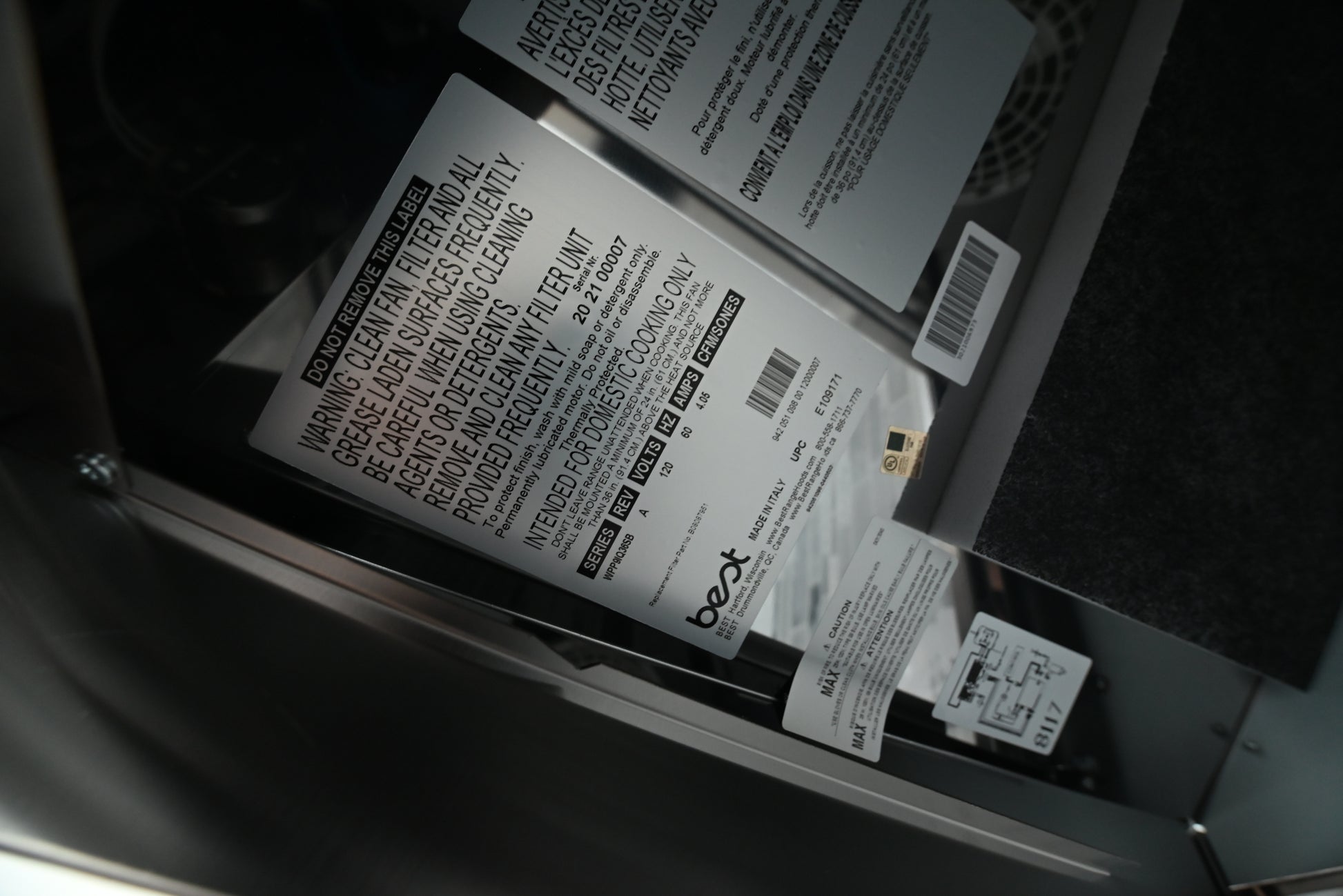 Close up view of the electronic push button controls and halogen lighting on the BEST WPP9 Series chimney range hood