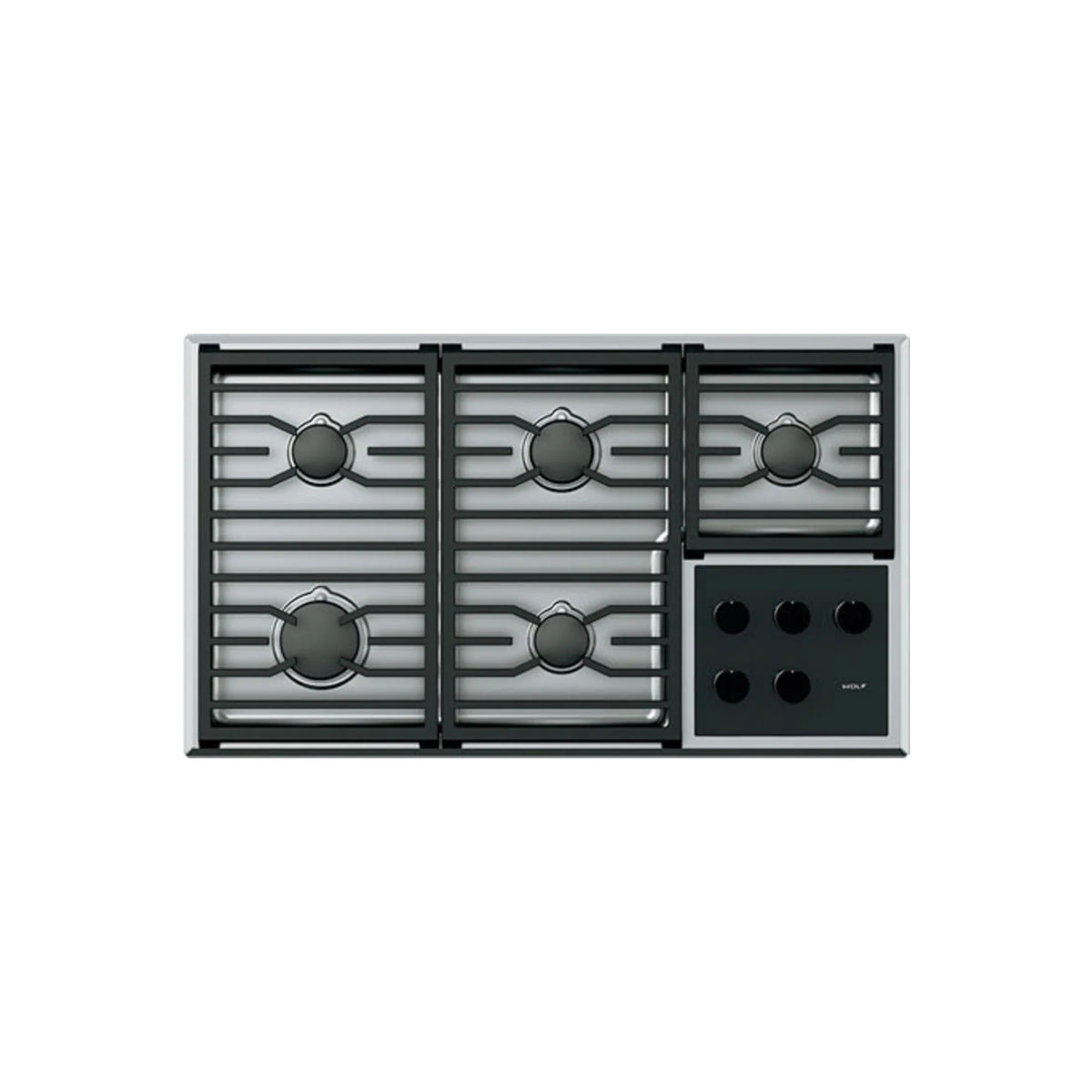 Wolf CG365T S 36 inch transitional gas cooktop front top view with stainless steel knobs