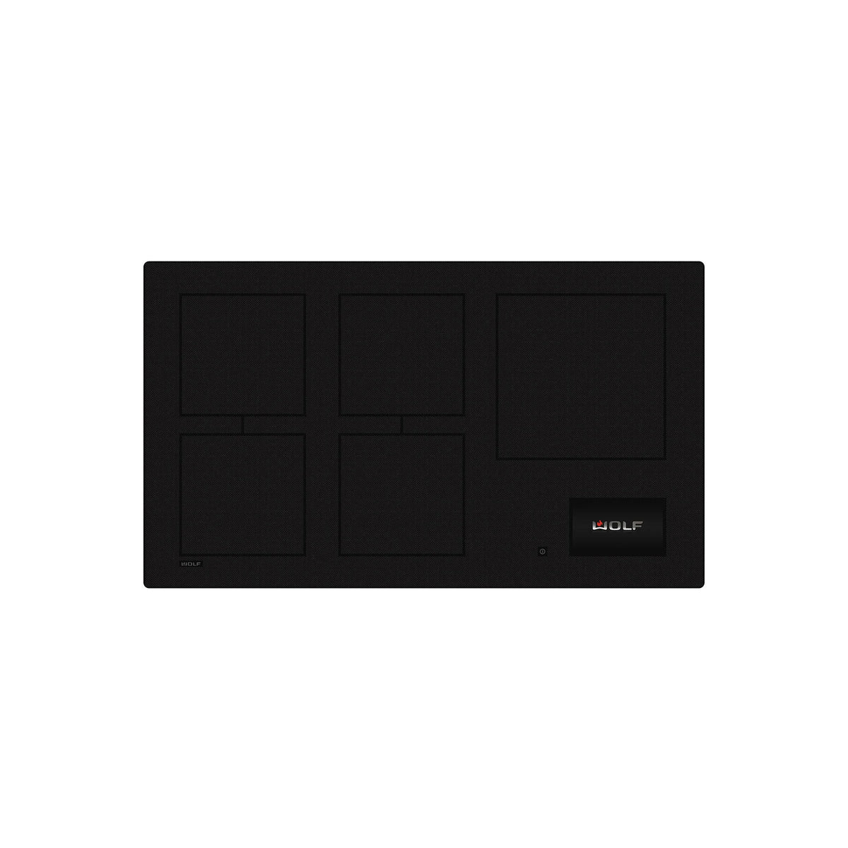 Wolf CI365C B 36 inch contemporary induction cooktop front top view flush mounted in black glass