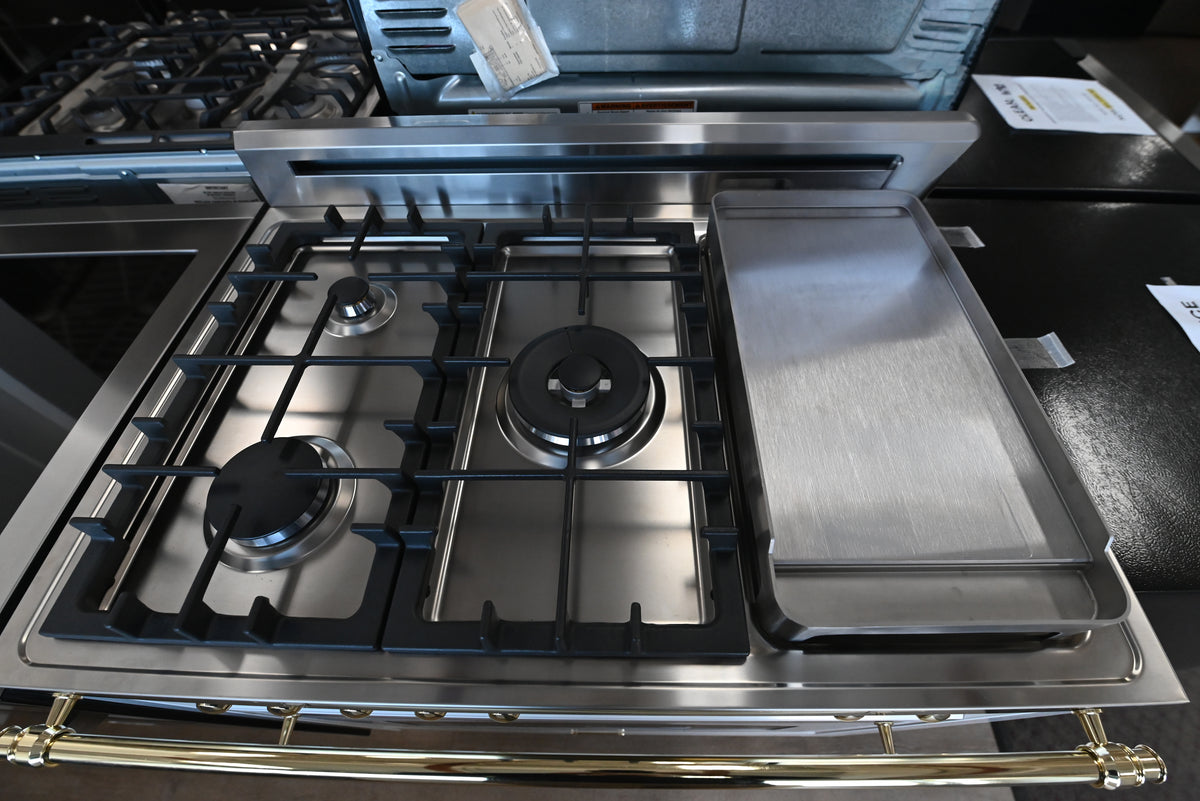 Luxury Italian retro style dual fuel range with brass burners and digital clock