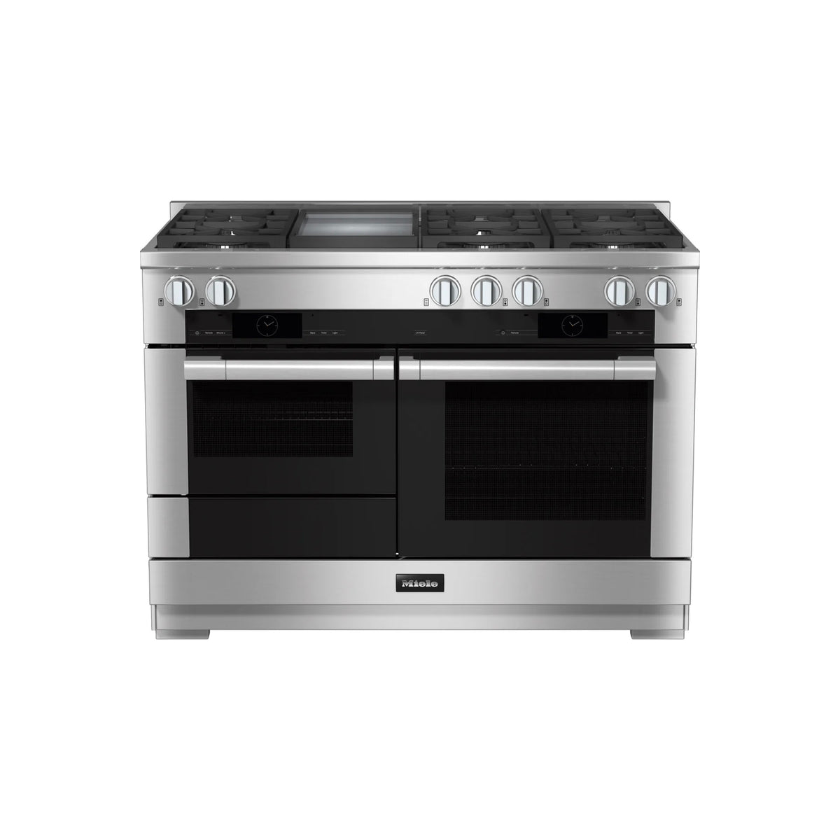 Miele HR 1956 3 G DF GD 48 inch dual fuel range front view in clean touch steel