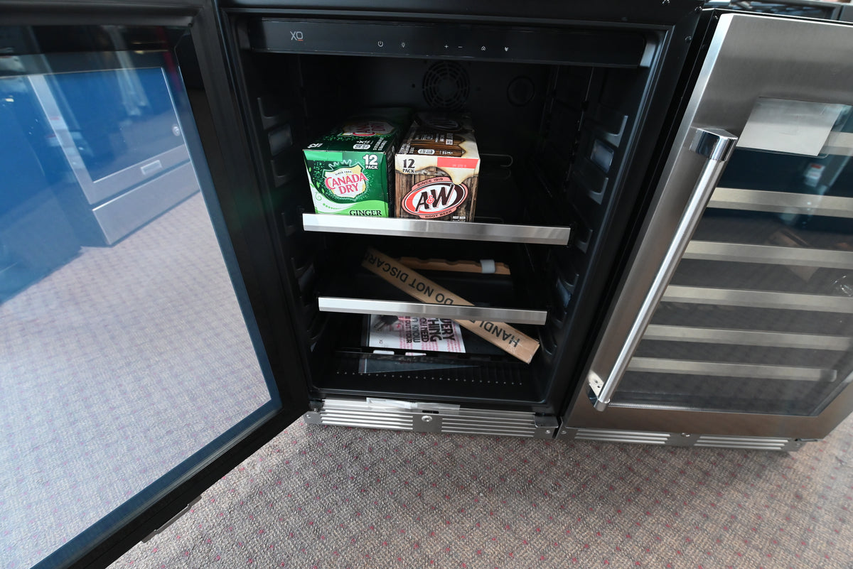 XO undercounter beverage refrigerator with digital touch controls and glass shelves