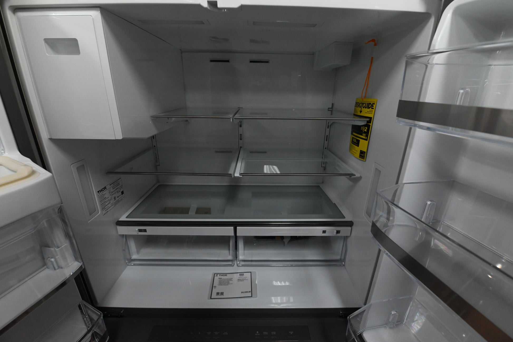 Thor 36 inch refrigerator open showing double freezer drawer runs and flex zone pan