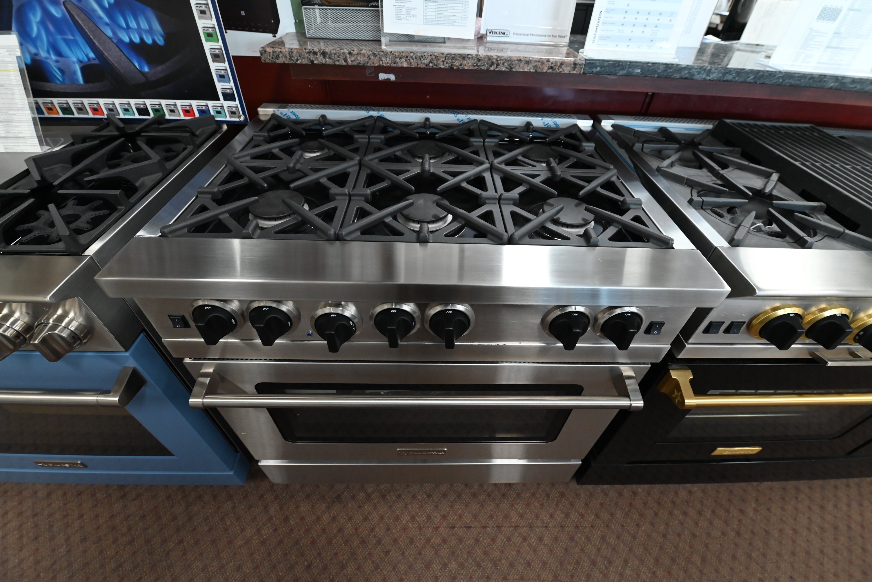 Luxury 36 inch restaurant style range with 6 open burners and cast iron grates by BlueStar