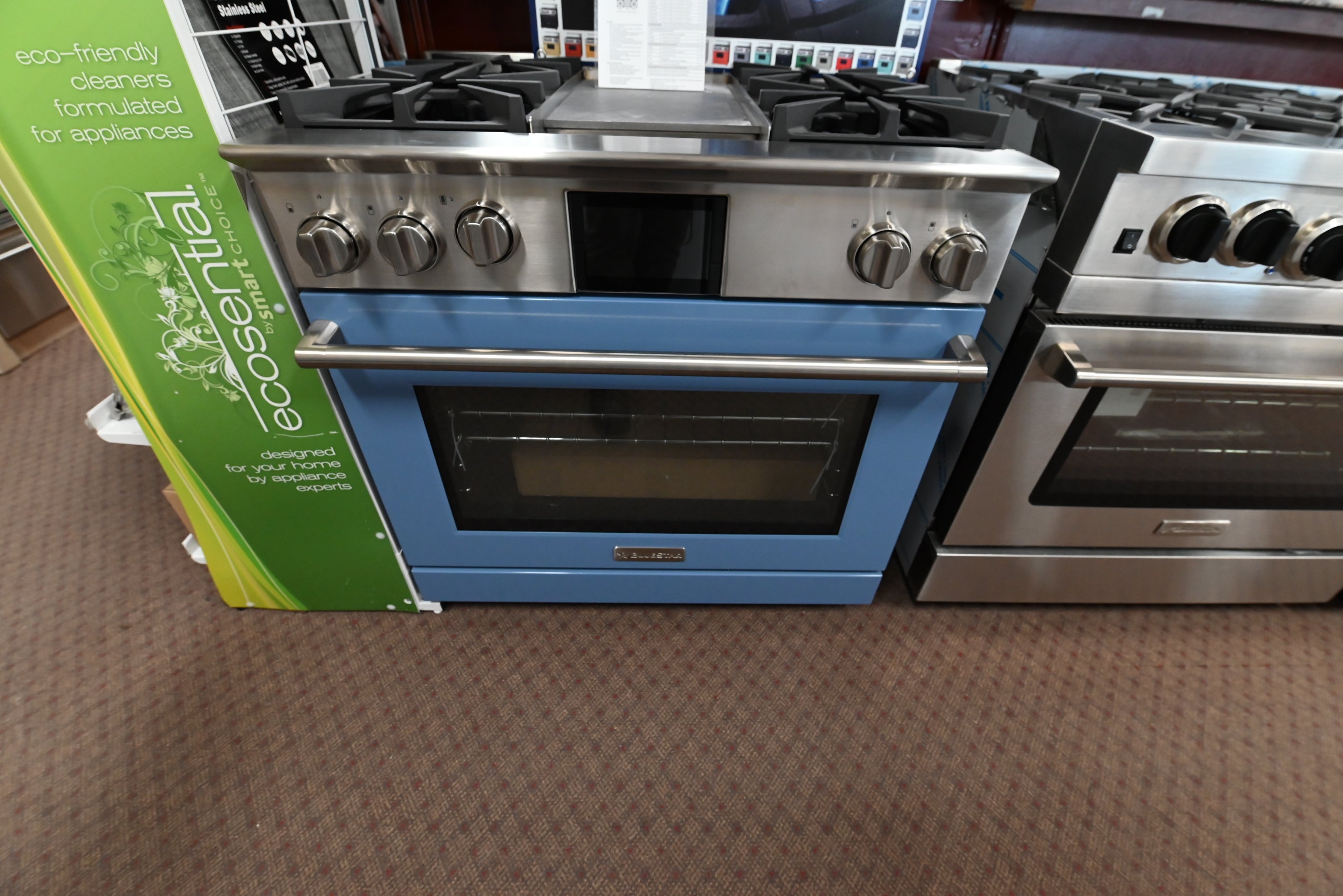 BlueStar BSDF364GC 36 inch professional dual fuel range front view in custom glossy Blue