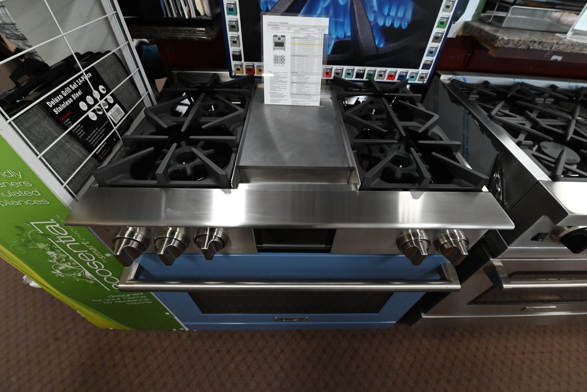 Luxury 36 inch blue gas range with 4 sealed burners and integrated central griddle by BlueStar