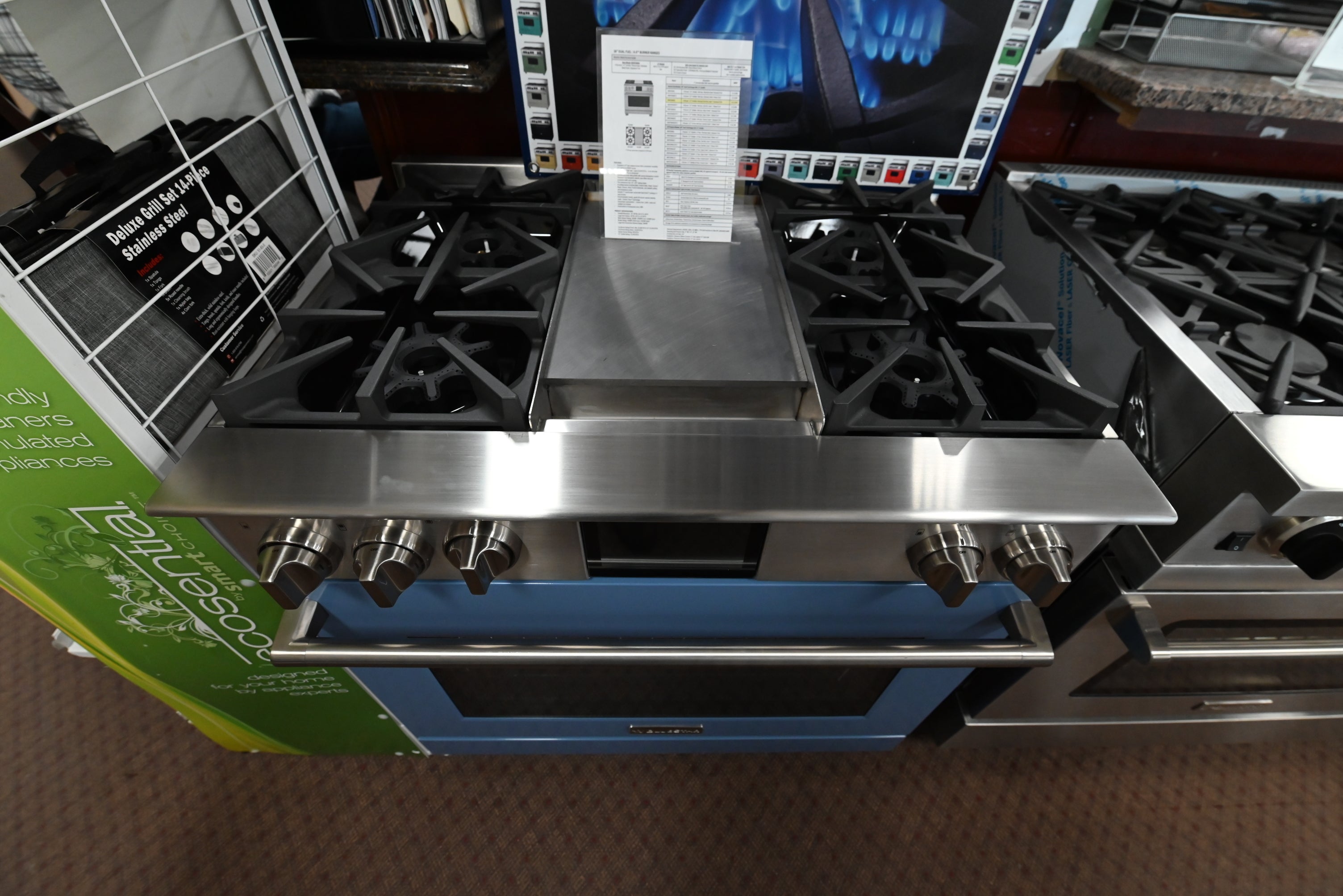 Luxury 36 inch blue gas range with 4 sealed burners and integrated central griddle by BlueStar