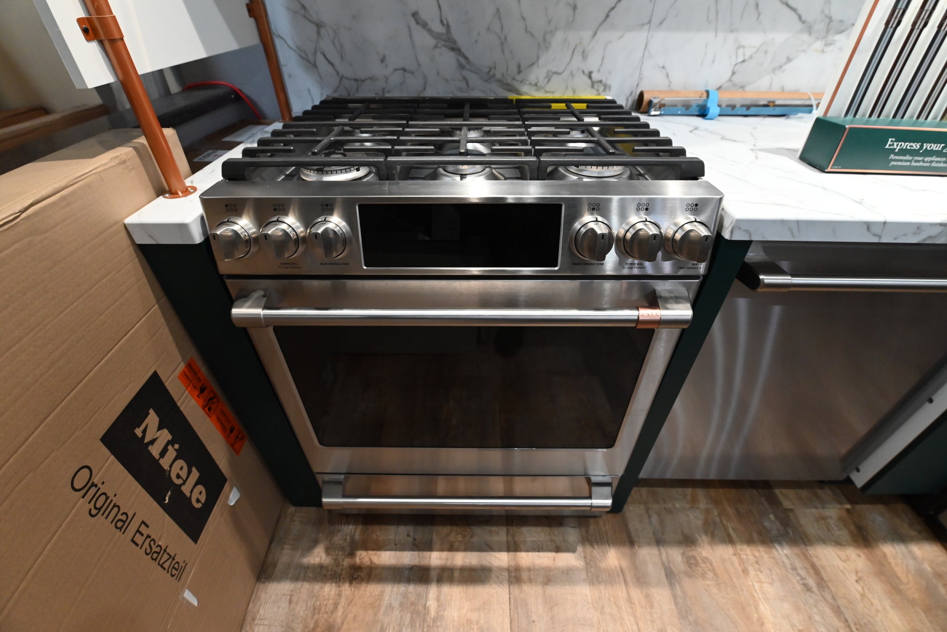 Cafe CGS700P2MS1 30 inch smart slide in front control gas range front view in stainless steel