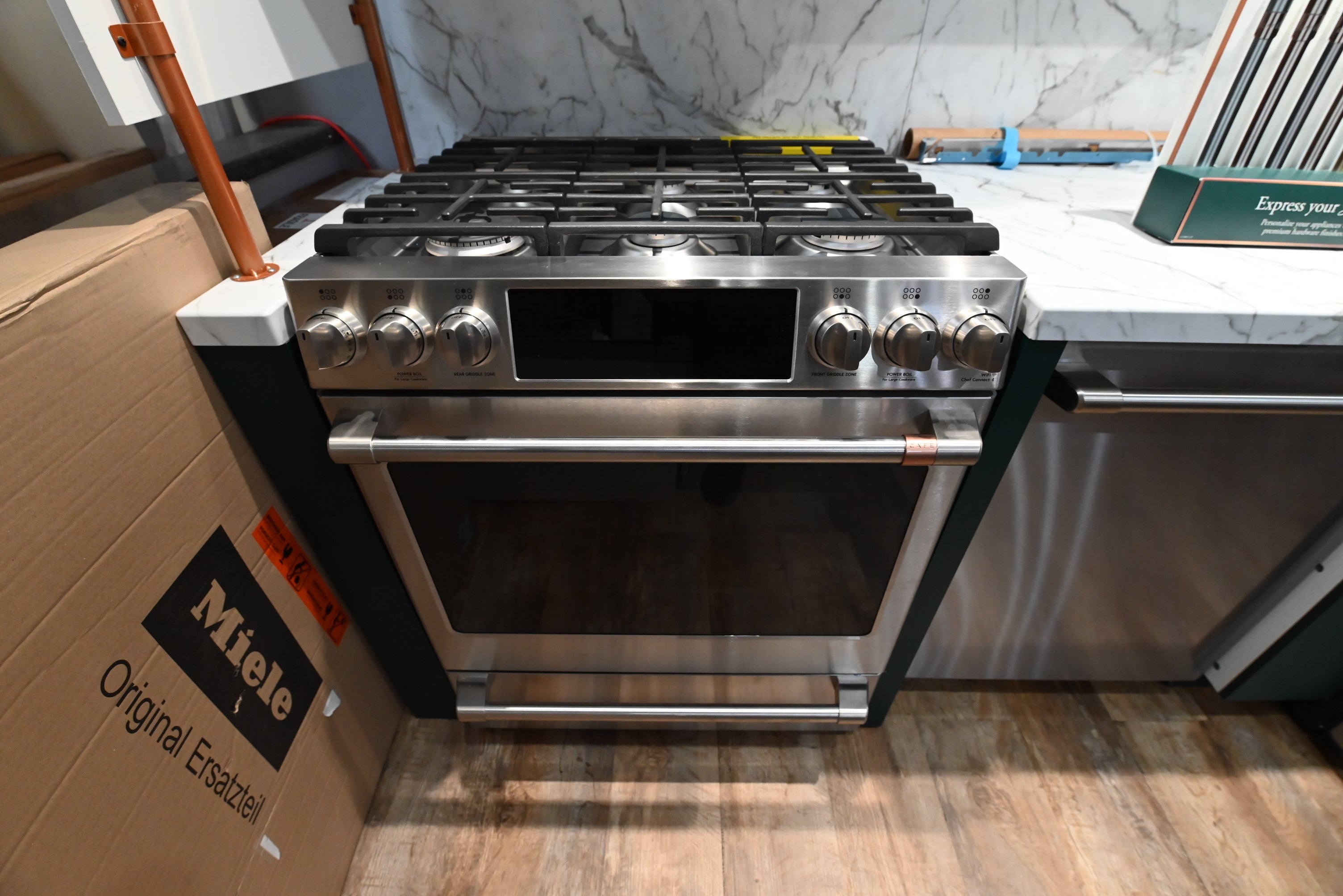 Cafe CGS700P2MS1 30 inch smart slide in front control gas range front view in stainless steel