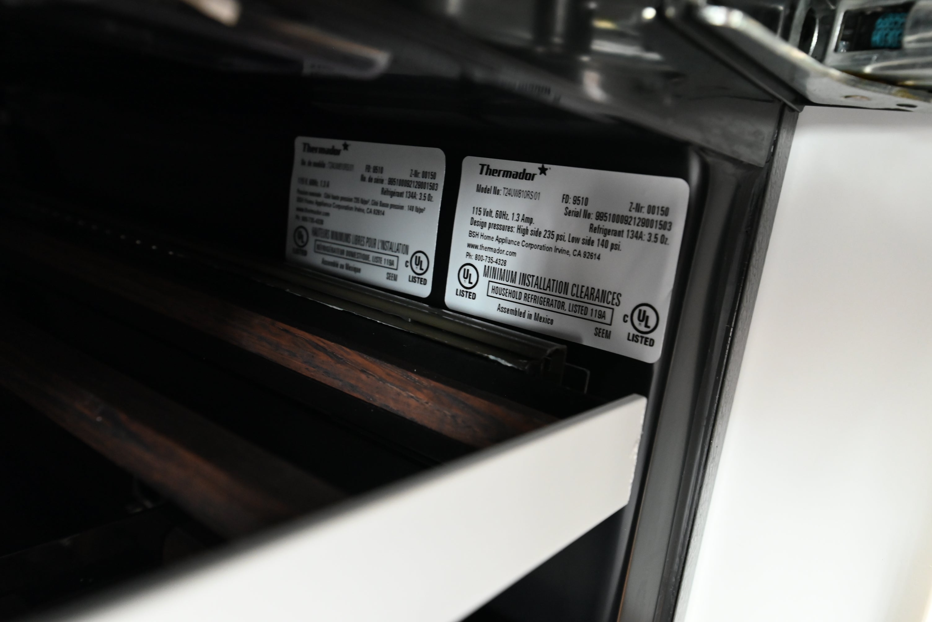 Thermador 24 wine refrigerator showing dual zone touch control center beam panel