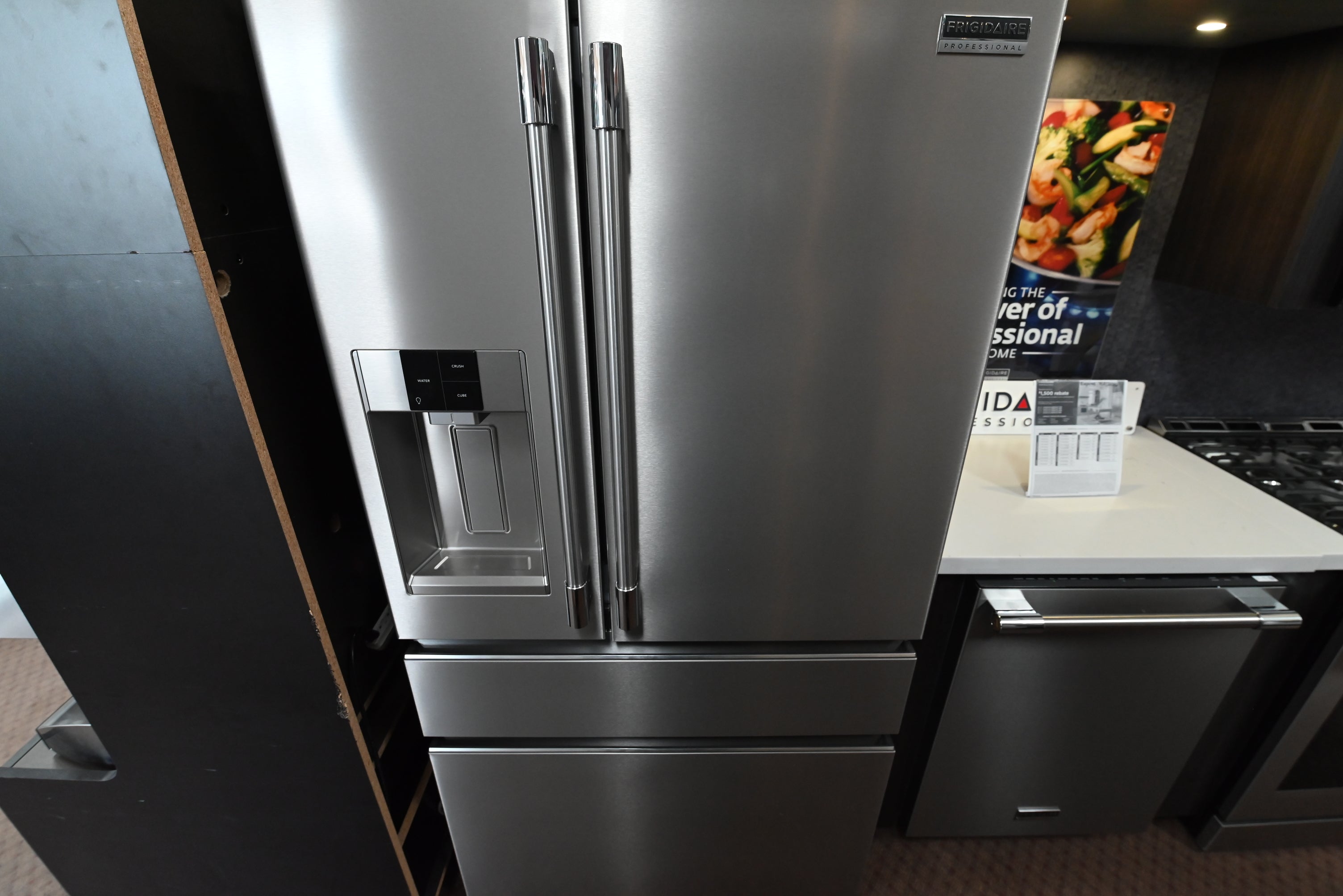 Frigidaire Professional PRMC2285AF counter depth 4 door French door refrigerator smudge proof stainless steel front view