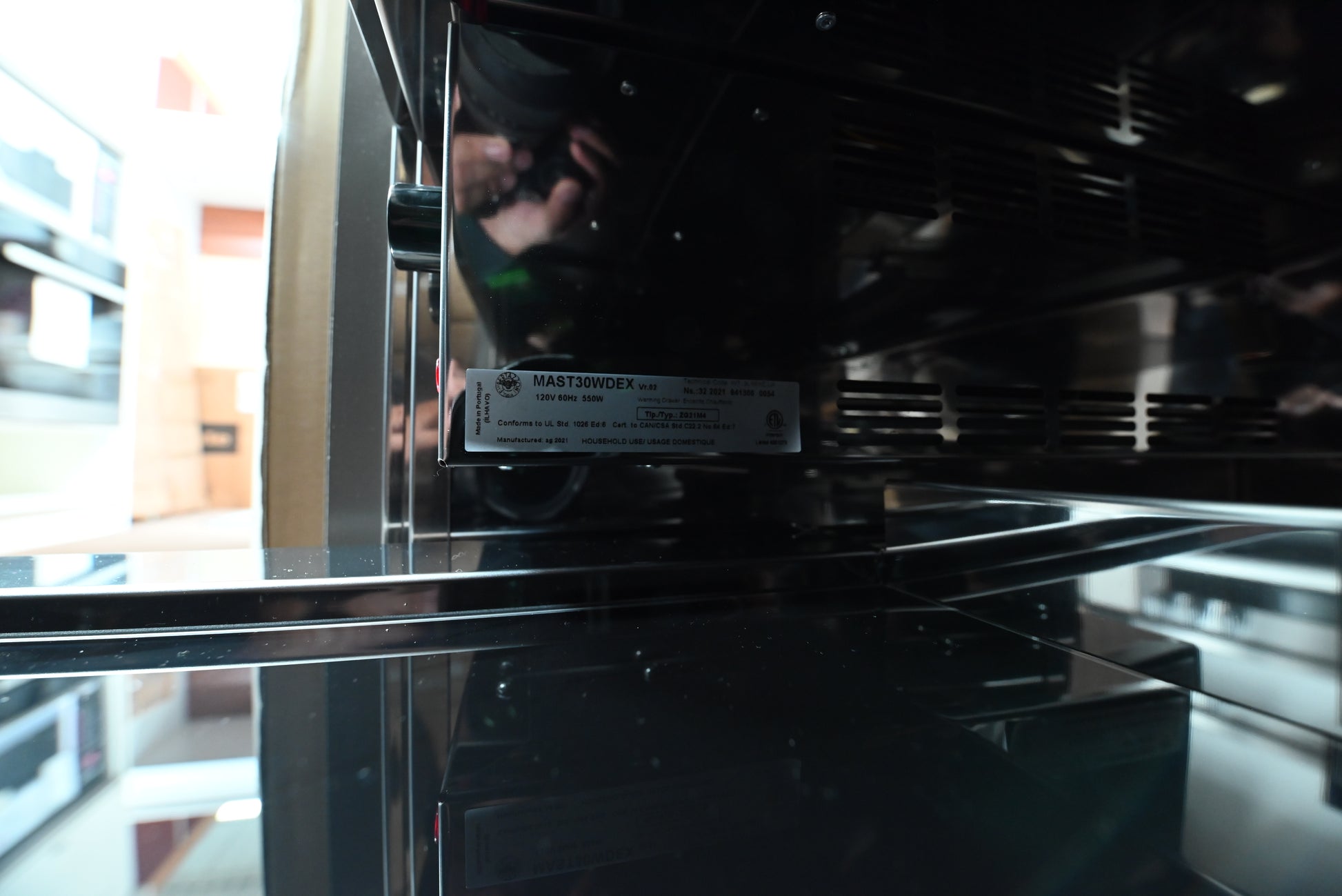 Bertazzoni Master Series built in warming drawer flush installed in modern kitchen cabinet
