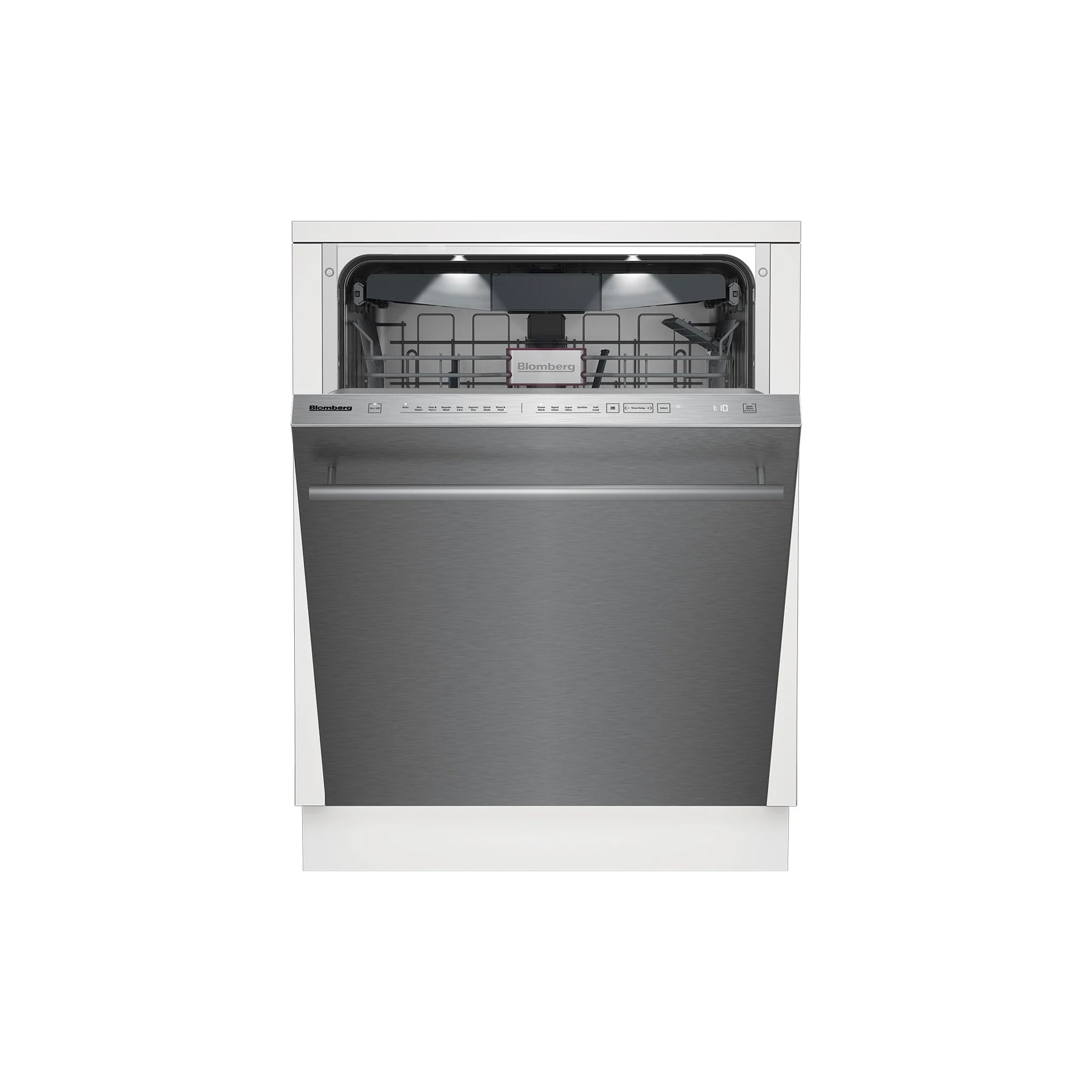 Blomberg DWT81800SS 24 inch fully integrated top control dishwasher front view brushed stainless steel with bar handle