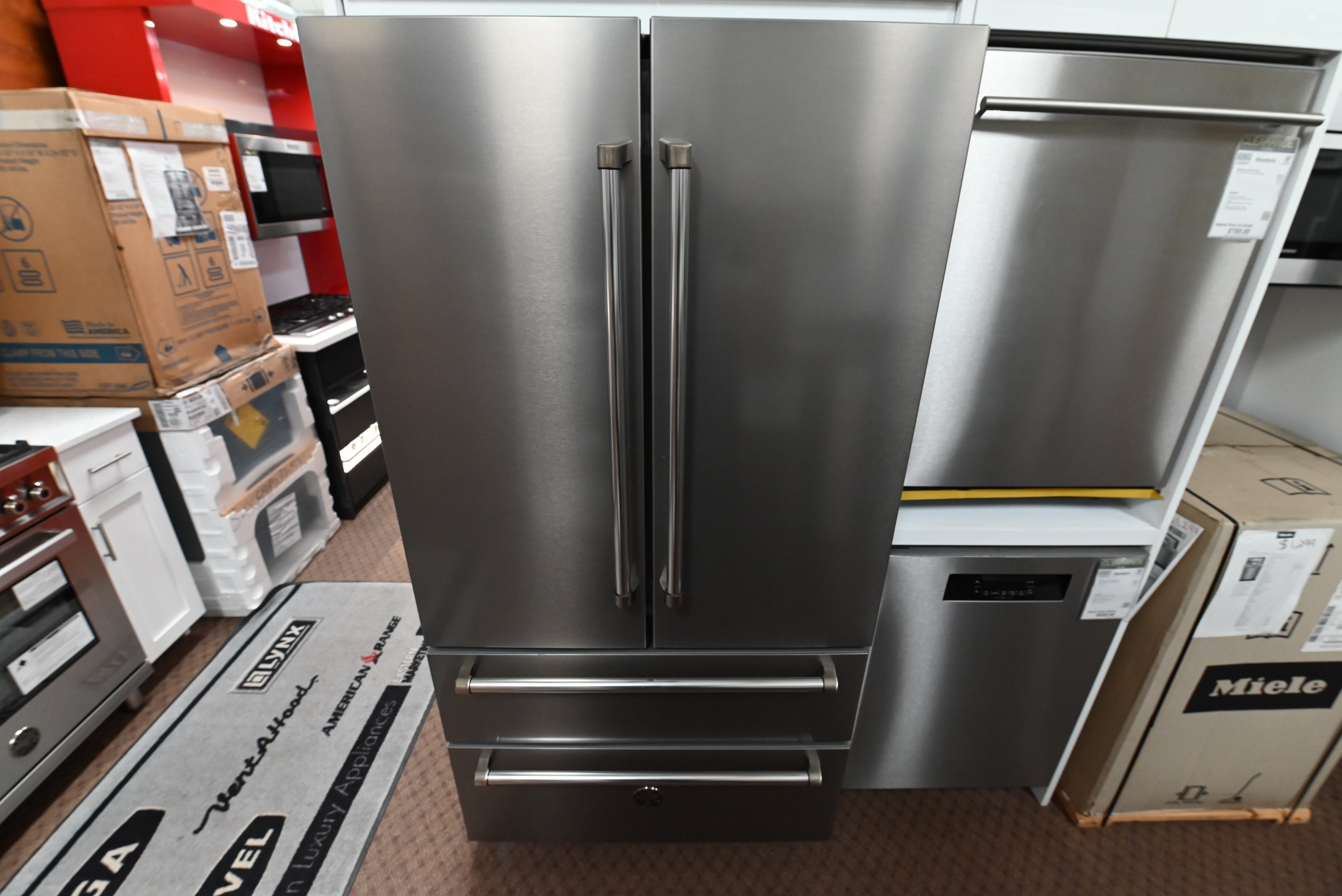 Bertazzoni REF36FDFIXNV Heritage Series 36 inch freestanding French door refrigerator front view stainless steel