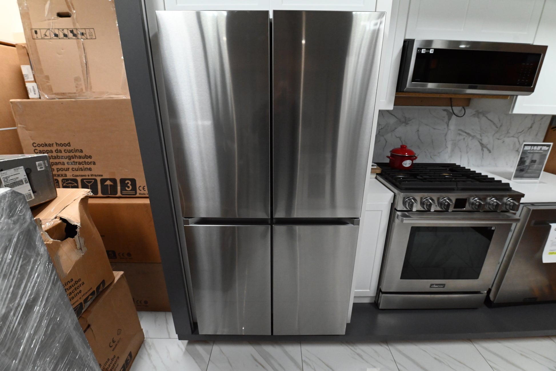 Dacor DRF36C500SR 36 inch counter depth french door smart refrigerator front view in silver stainless