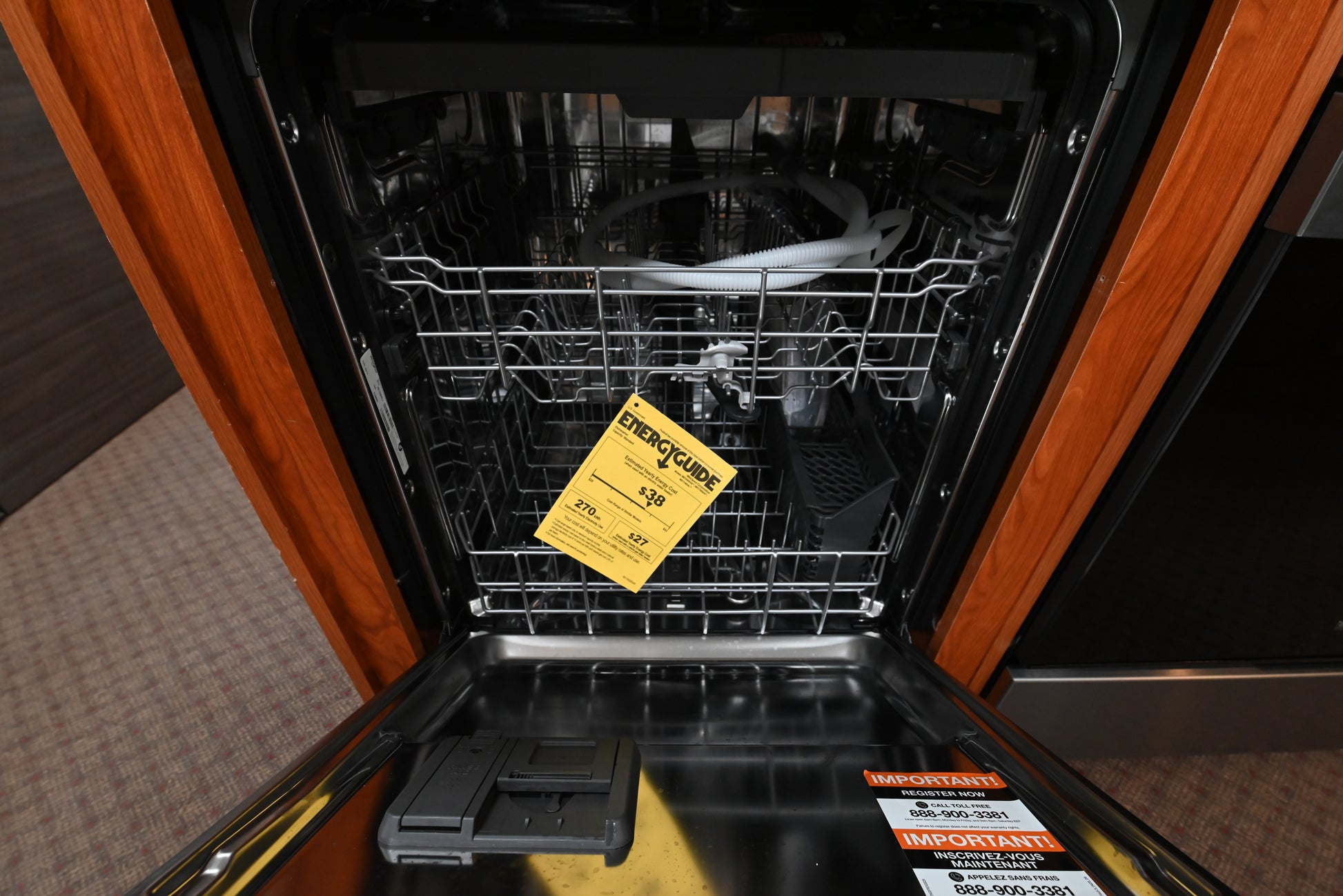 Interior view of stainless steel tub and 3rd rack in Whirlpool WDT750SAKZ dishwasher