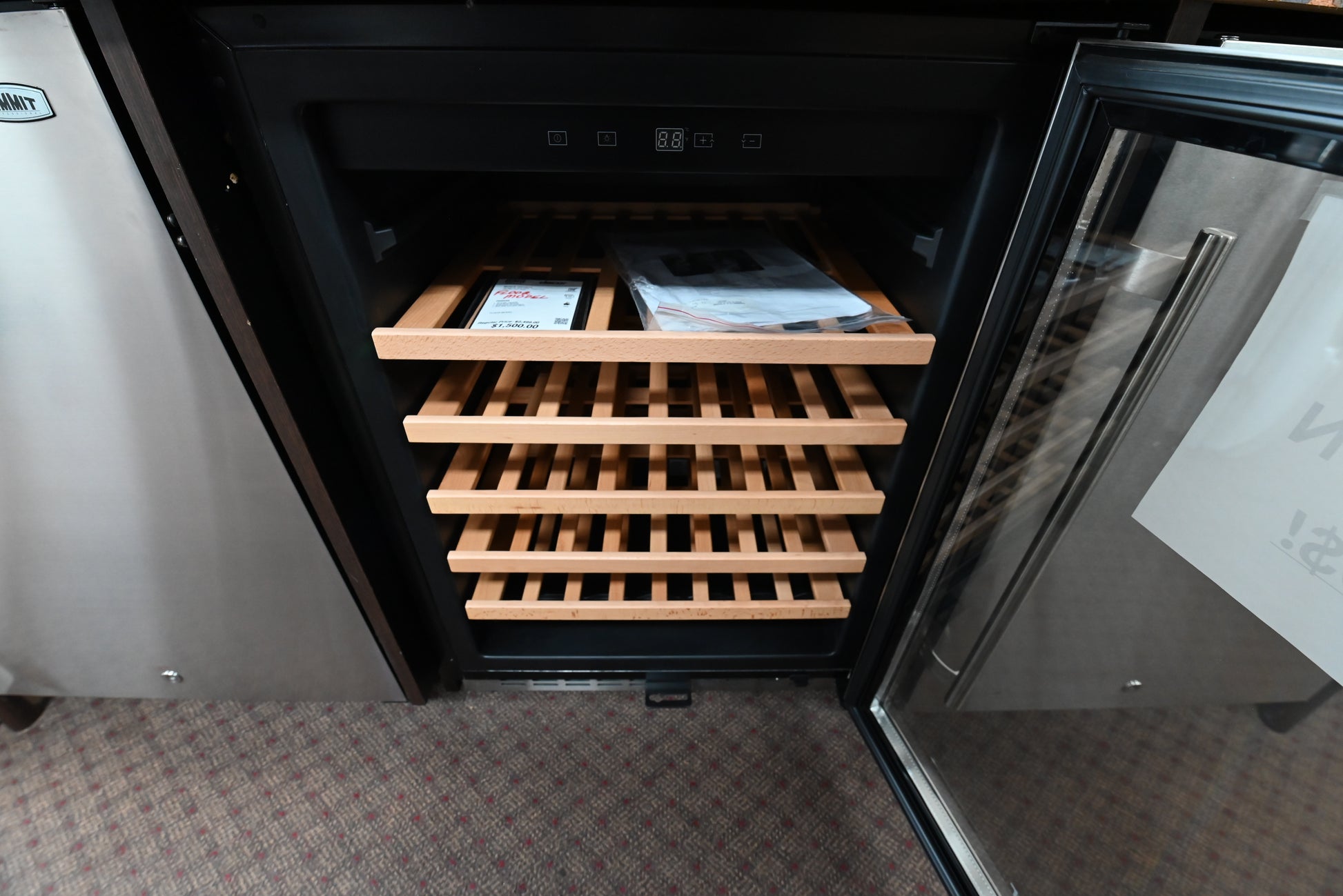 Luxury under-counter glass door wine refrigerator with wood pull-out shelves