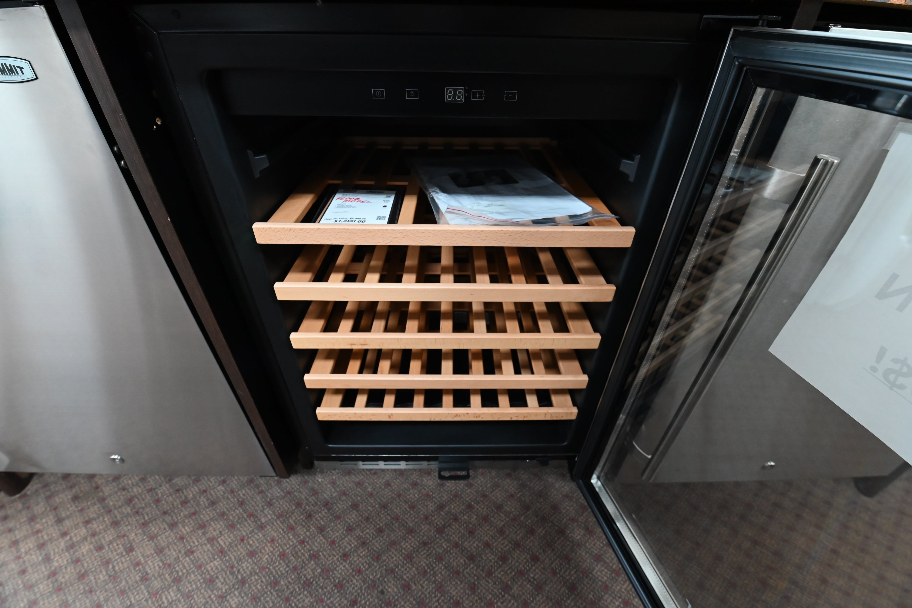 Luxury under-counter glass door wine refrigerator with wood pull-out shelves