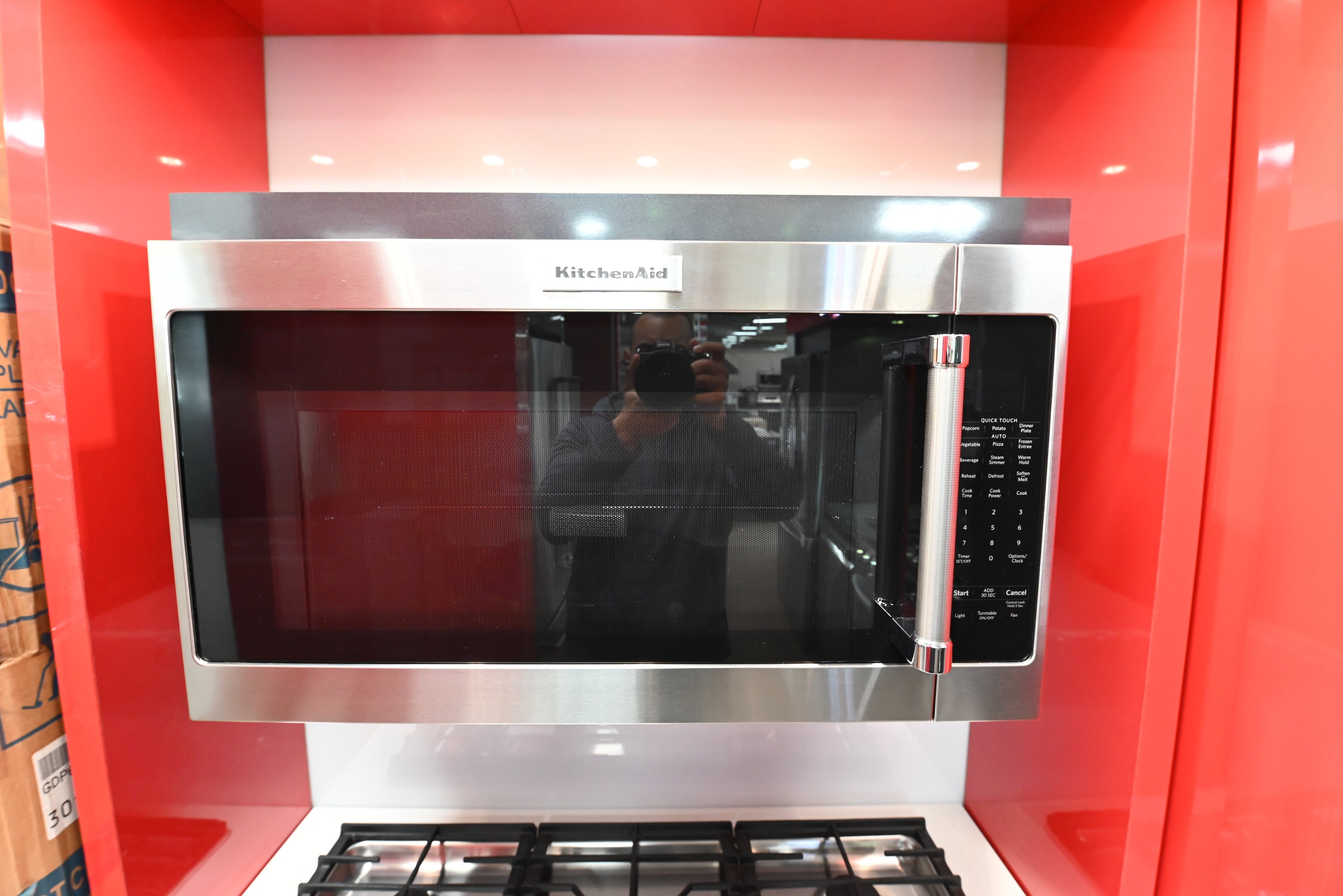 KitchenAid KMHS120ESS 30 inch over the range microwave hood combination in brushed stainless steel straight front view