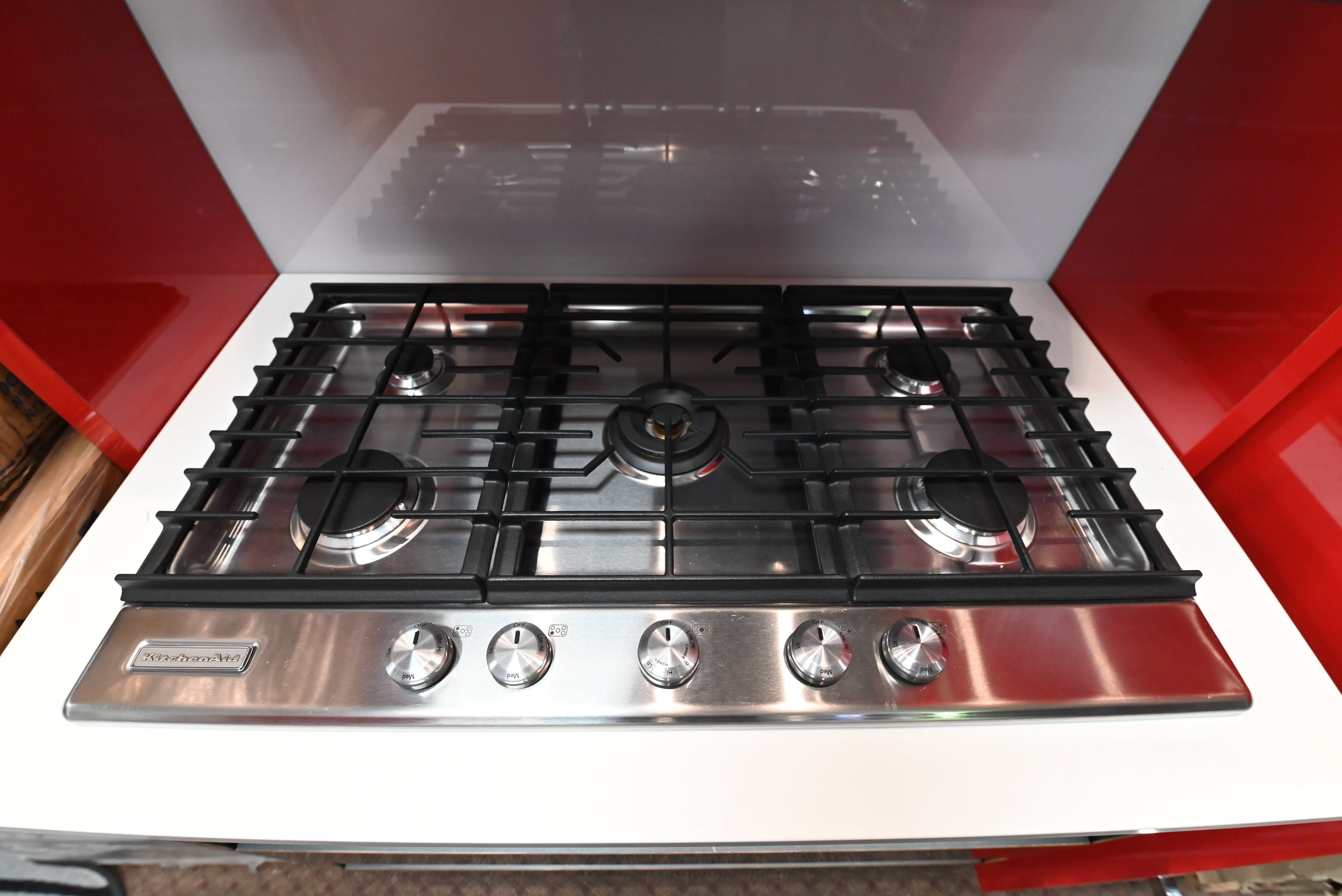 KitchenAid KFGS366VSS 36 inch built in gas cooktop in brushed stainless steel top view layout