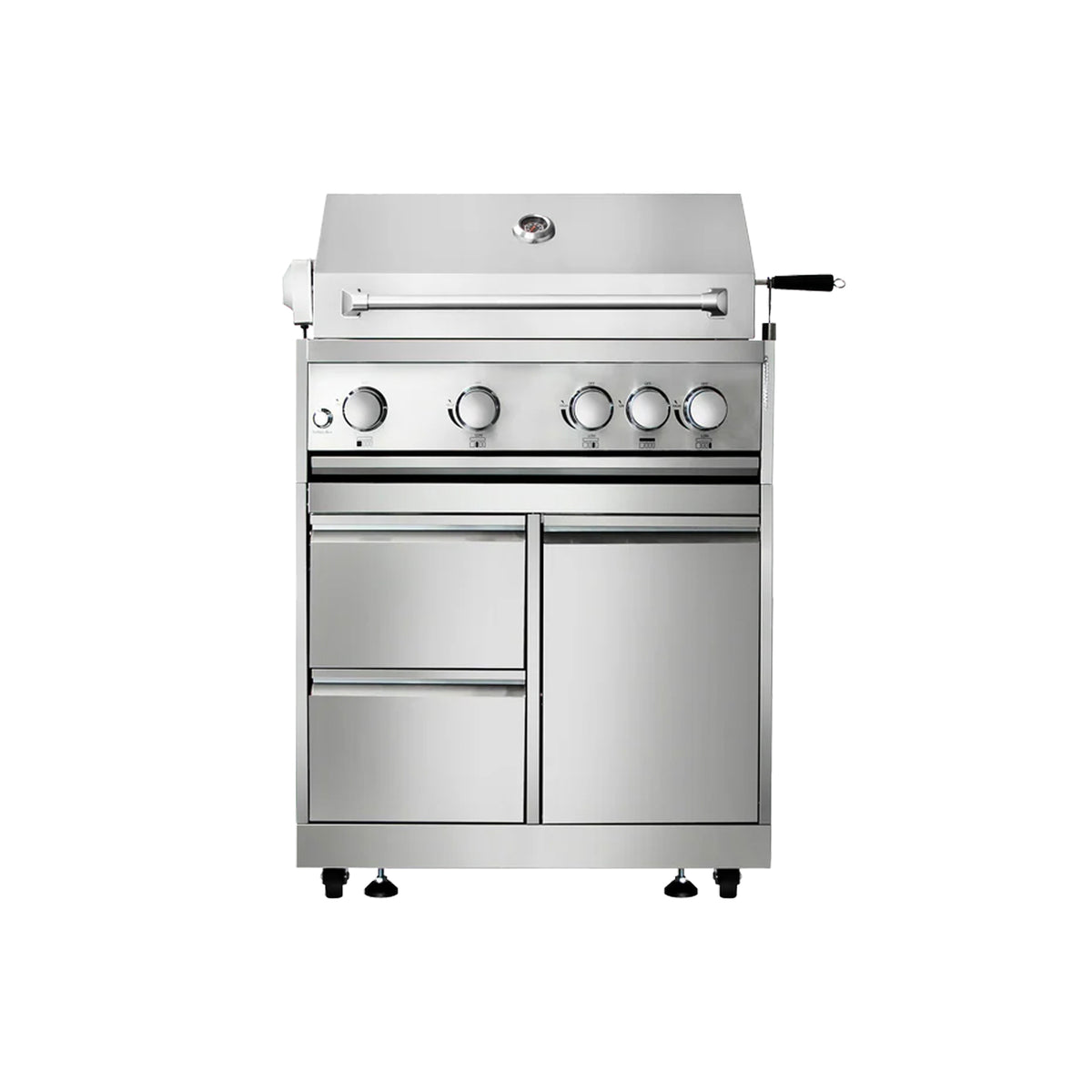 Thor Kitchen MK04SS304 32 inch professional gas grill mounted on matching stainless mobile double door cart