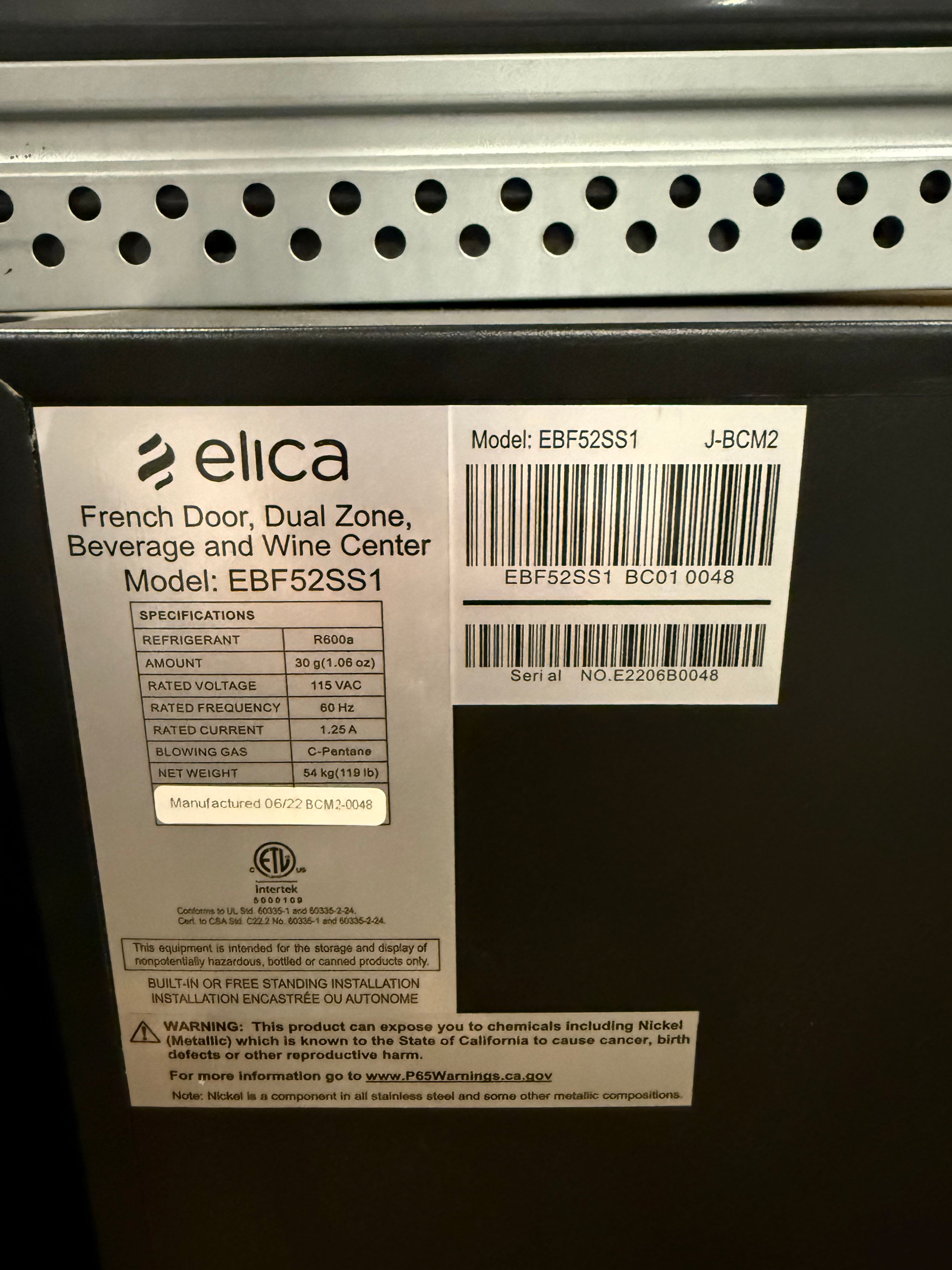 Elica EBF52SS1 24" Stainless Steel French Door Dual Zone Beverage & Wine Center