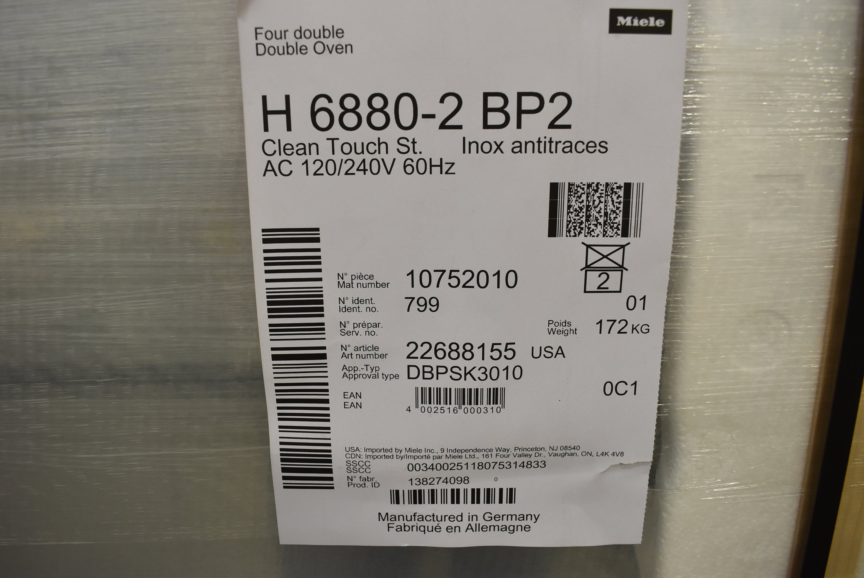 Miele H68802BP2 30" Stainless Steel Electric Double Wall Oven